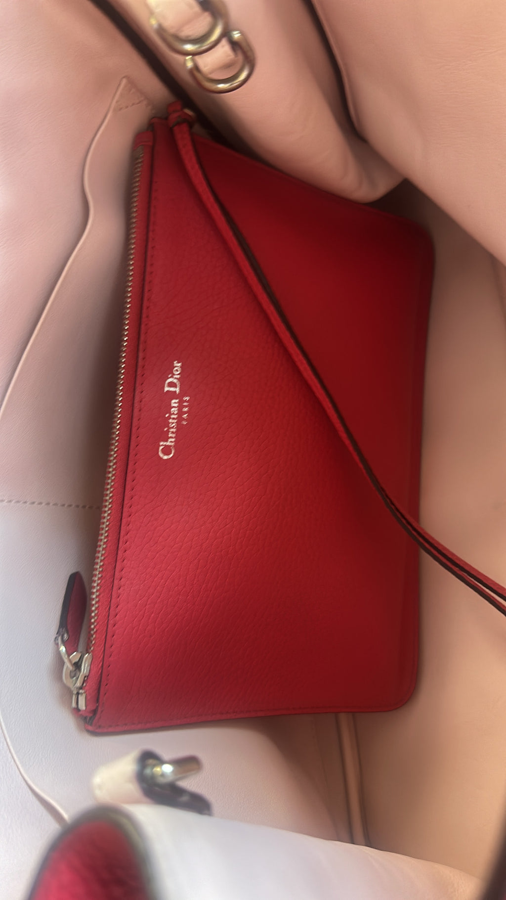 CHRISTIAN DIOR Diorissimo Grained Calfskin Tote – Red with Silver Dior Charm