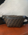 FENDI FF Embossed Leather Belt Bag – Brown Zucca Monogram Crossbody Waist Bag