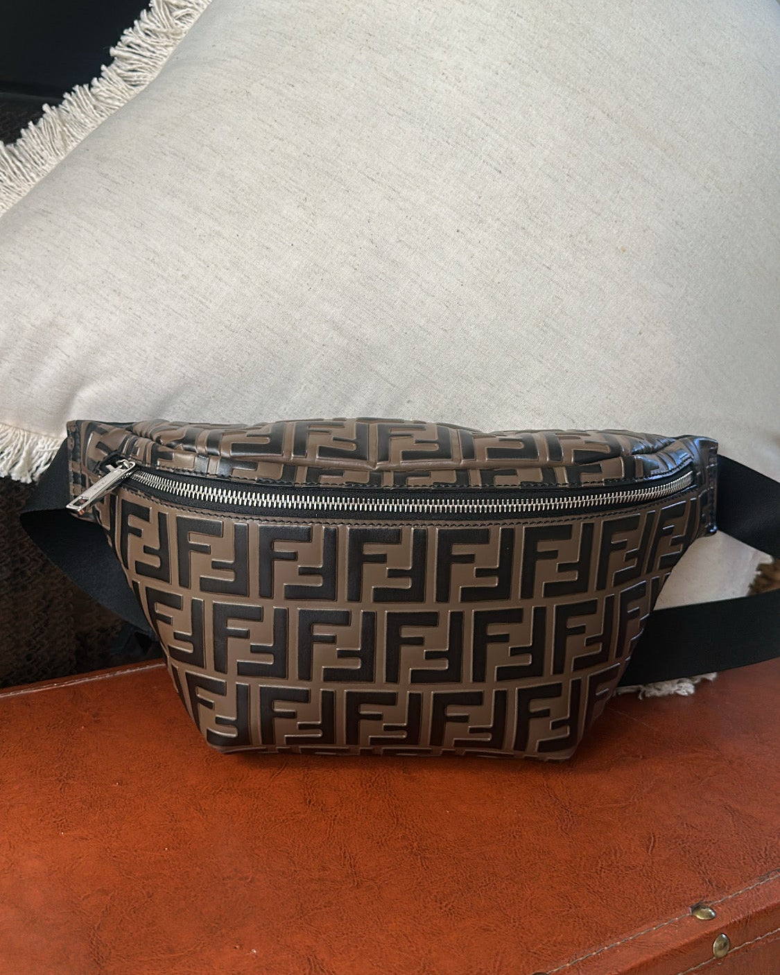 FENDI FF Embossed Leather Belt Bag – Brown Zucca Monogram Crossbody Waist Bag