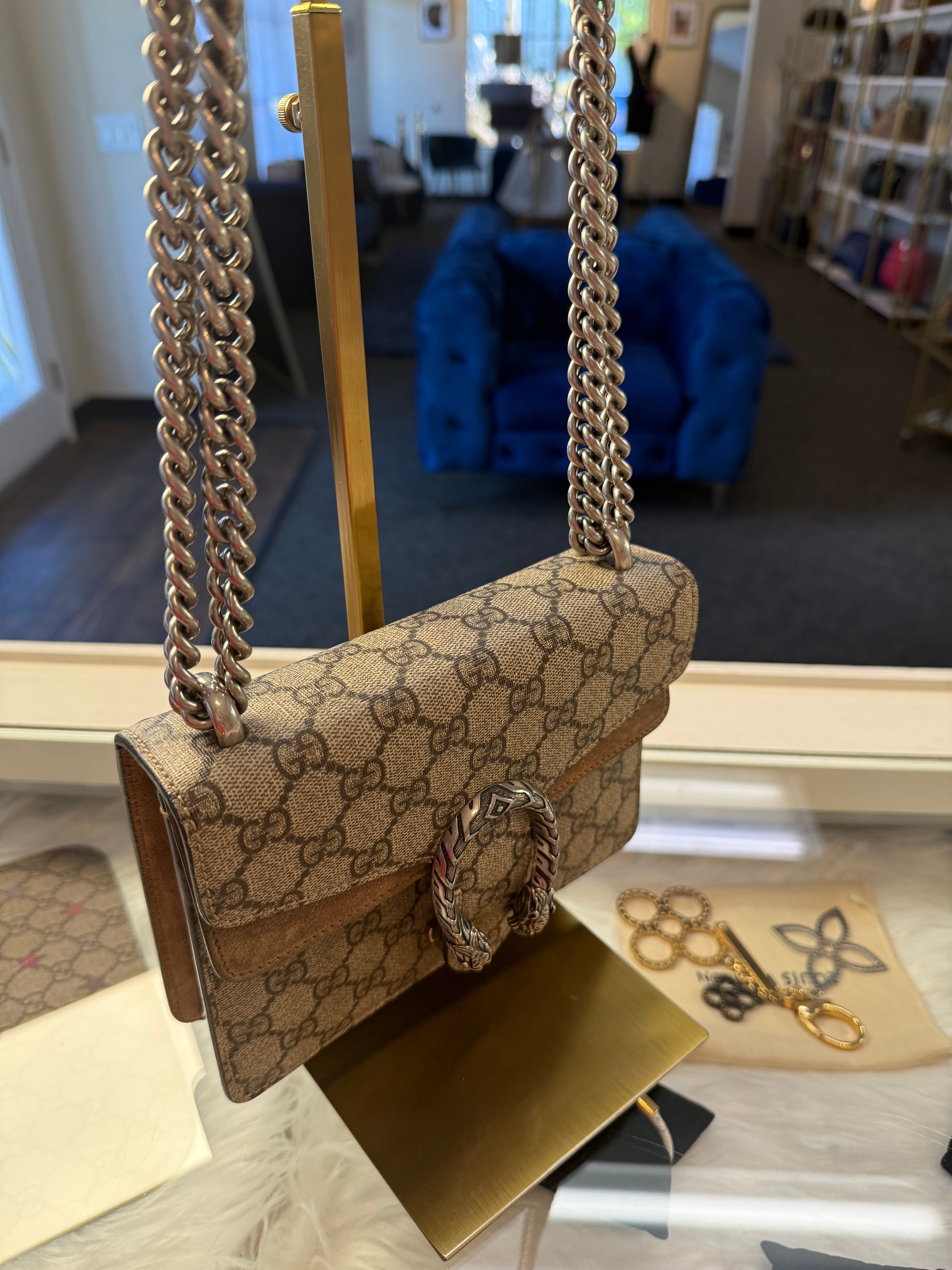 Gucci Dionysus Super Mini
GG Supreme Canvas Tiger Head Chain Crossbody Bag