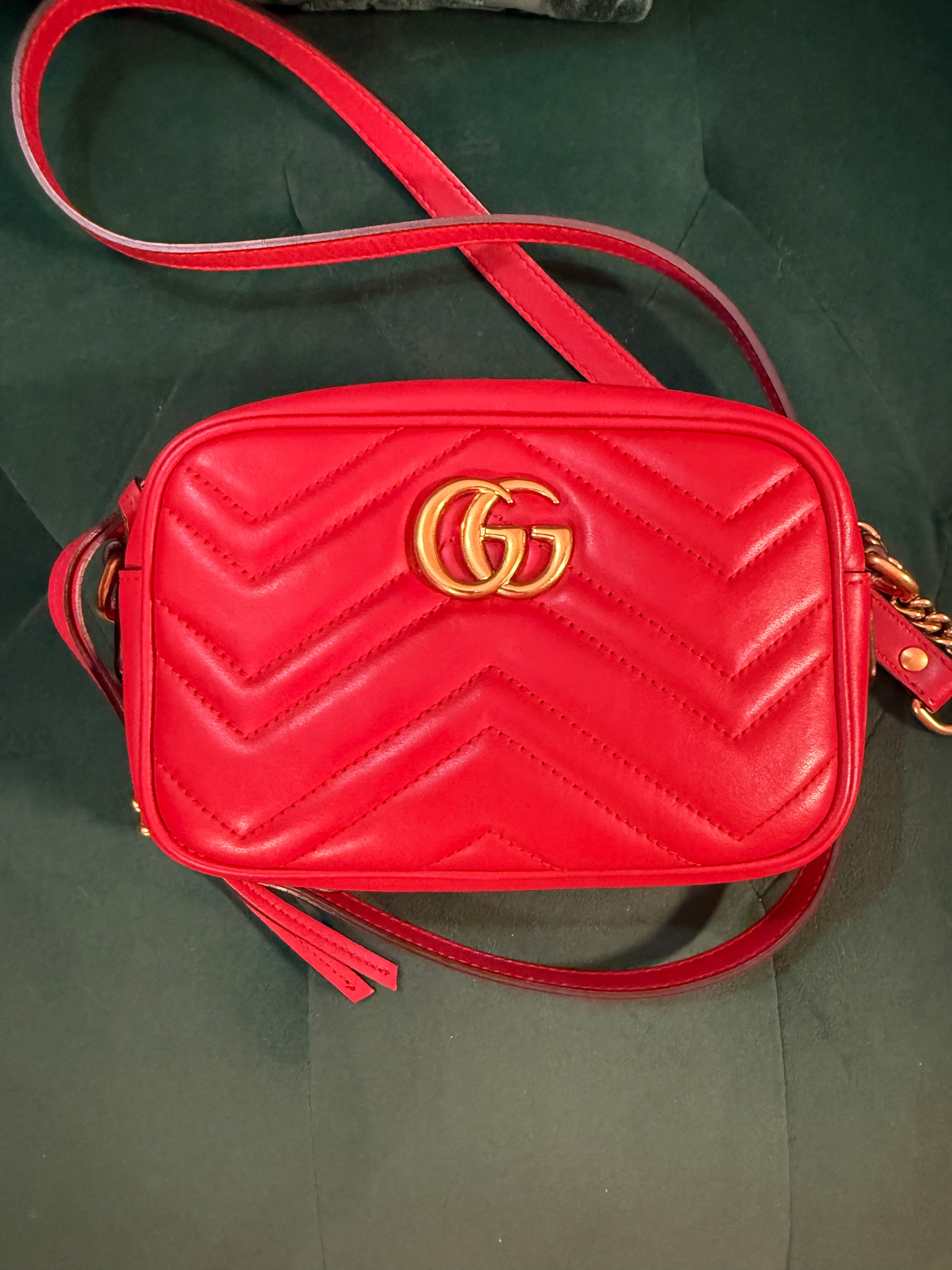 Gucci Marmont Mini Camera Bag – Red Leather, Gold Hardware