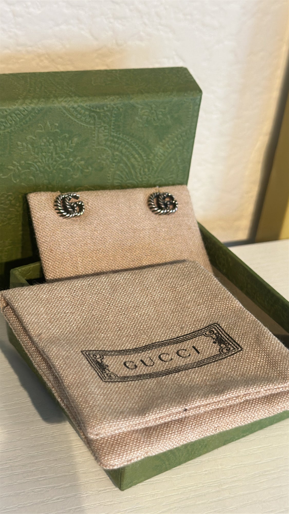 Gucci Double G Stud Earrings – Aged Sterling Silver Rope Logo