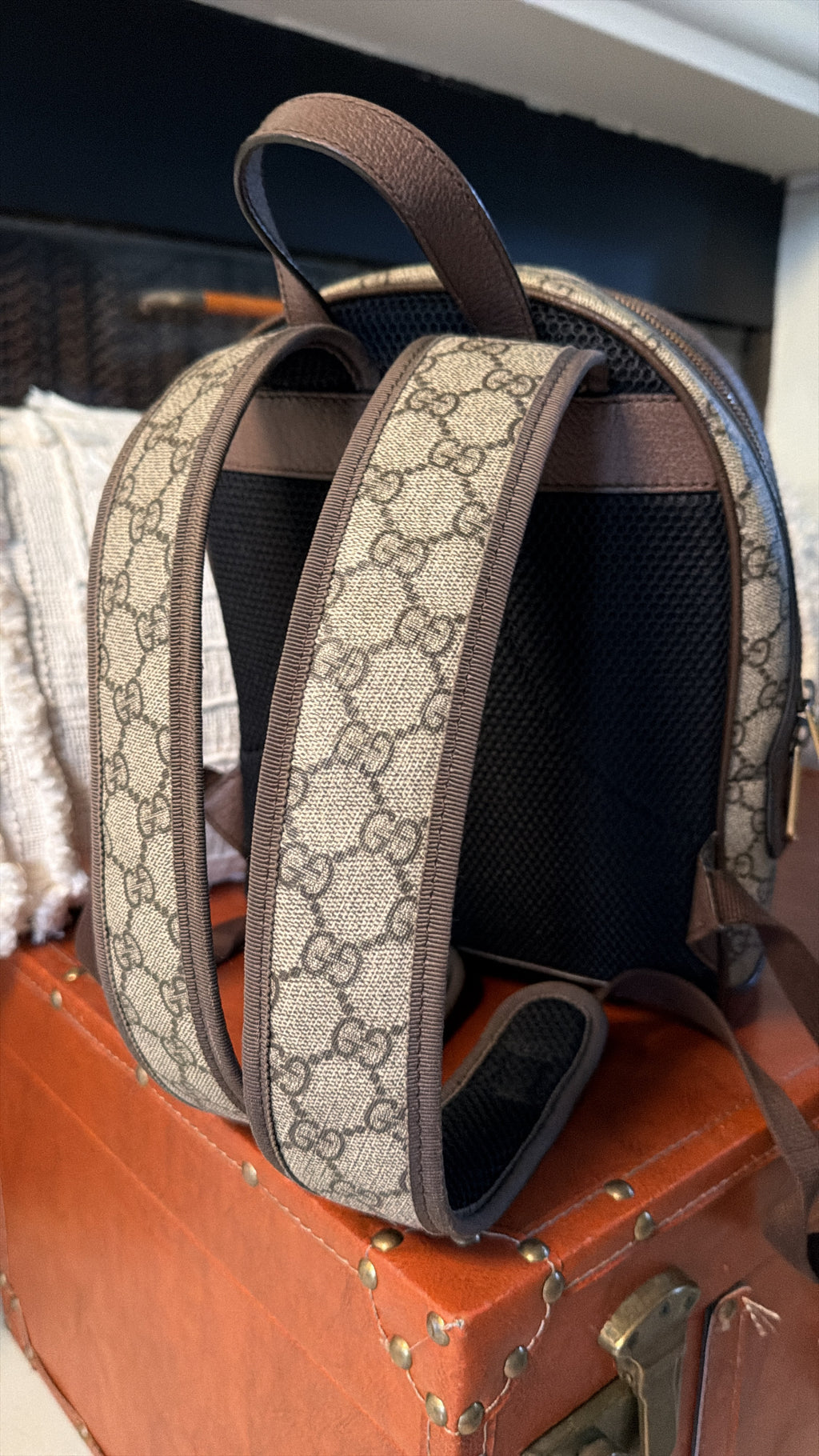 Gucci GG Supreme Ophidia Small Backpack Web Stripe Beige Ebony Canvas Gold Hardware