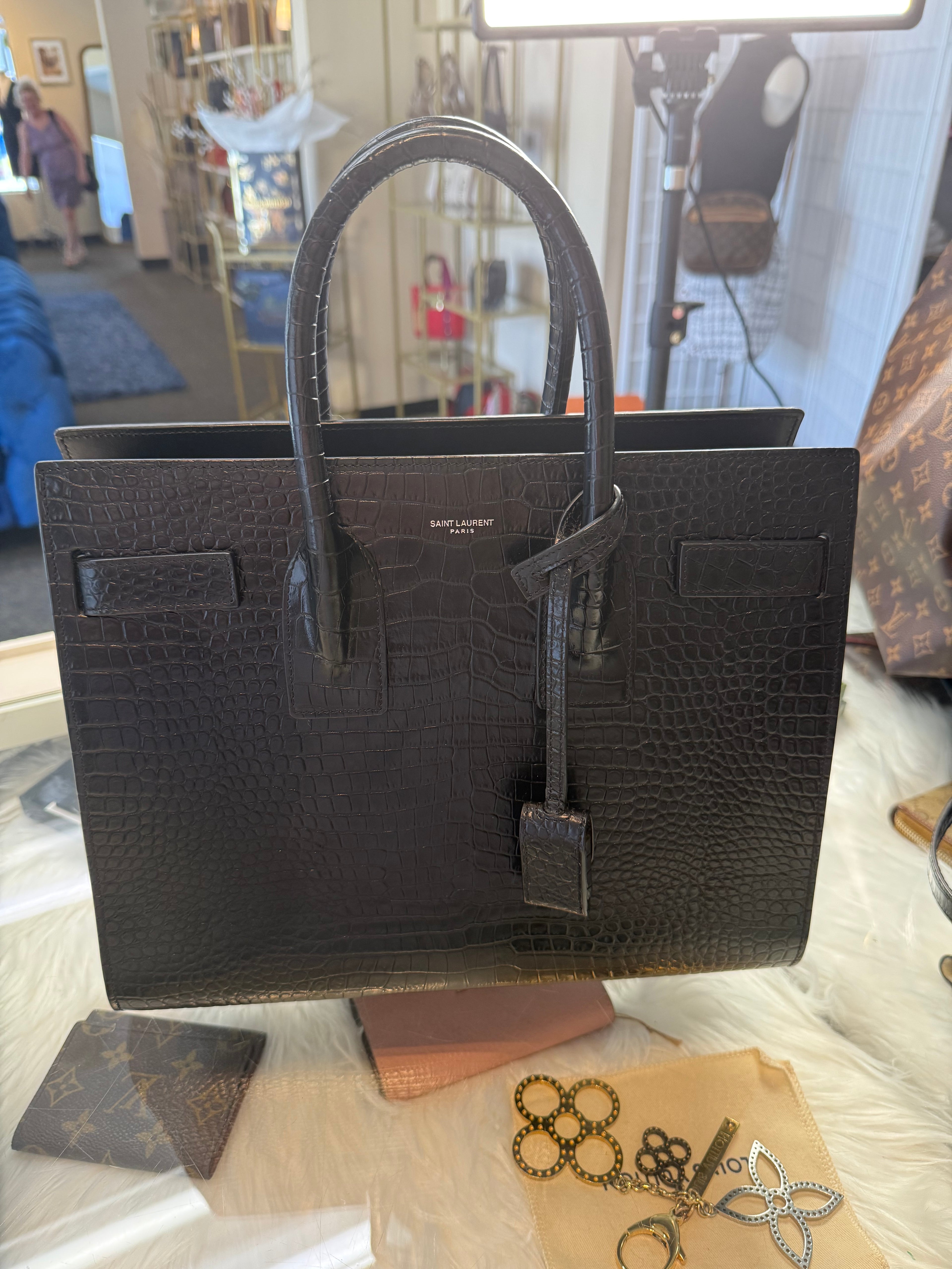 Saint Laurent Small Sac de Jour Black Croc Embossed Leather Top Handle Bag