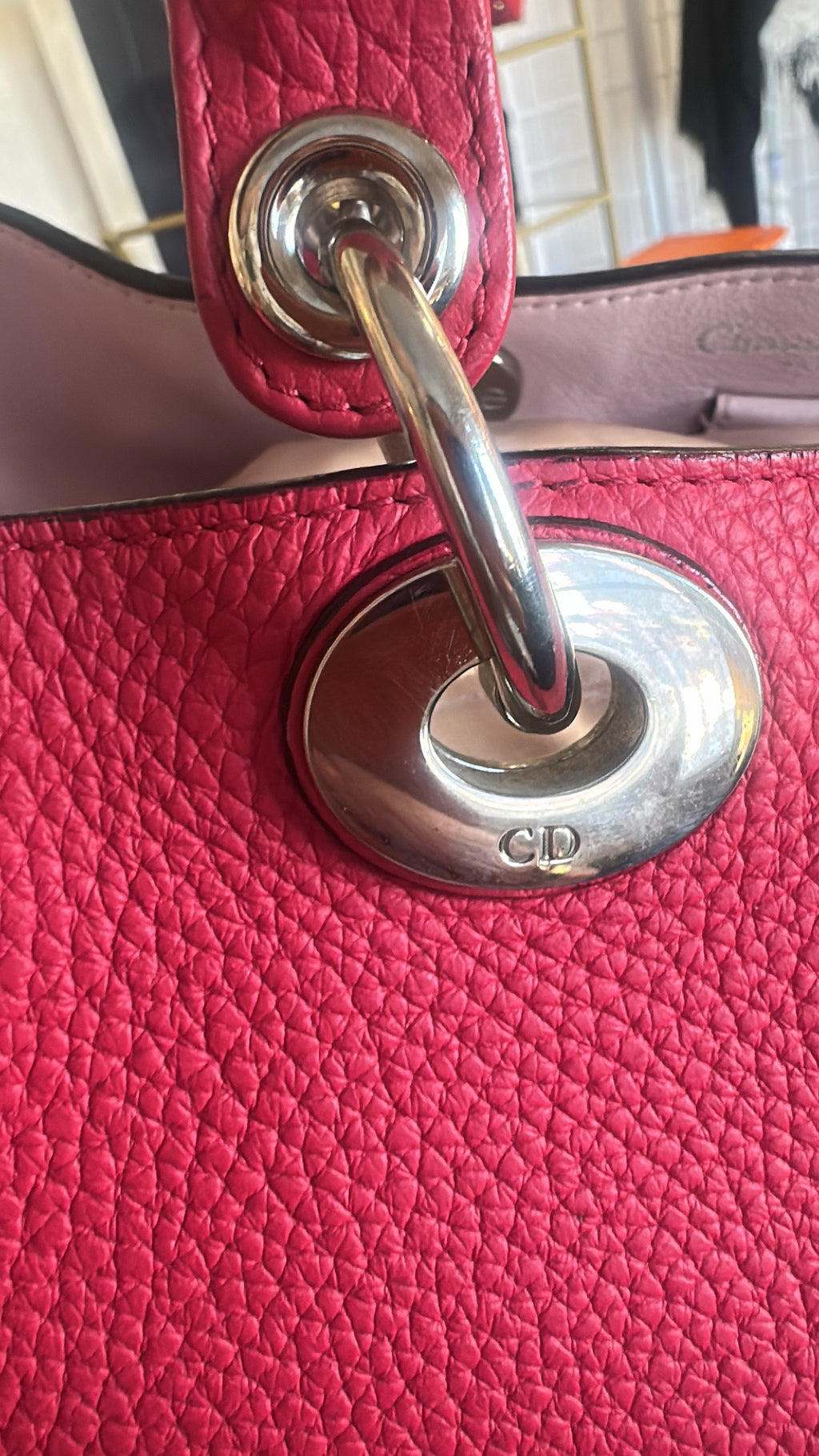 CHRISTIAN DIOR Diorissimo Grained Calfskin Tote – Red with Silver Dior Charm