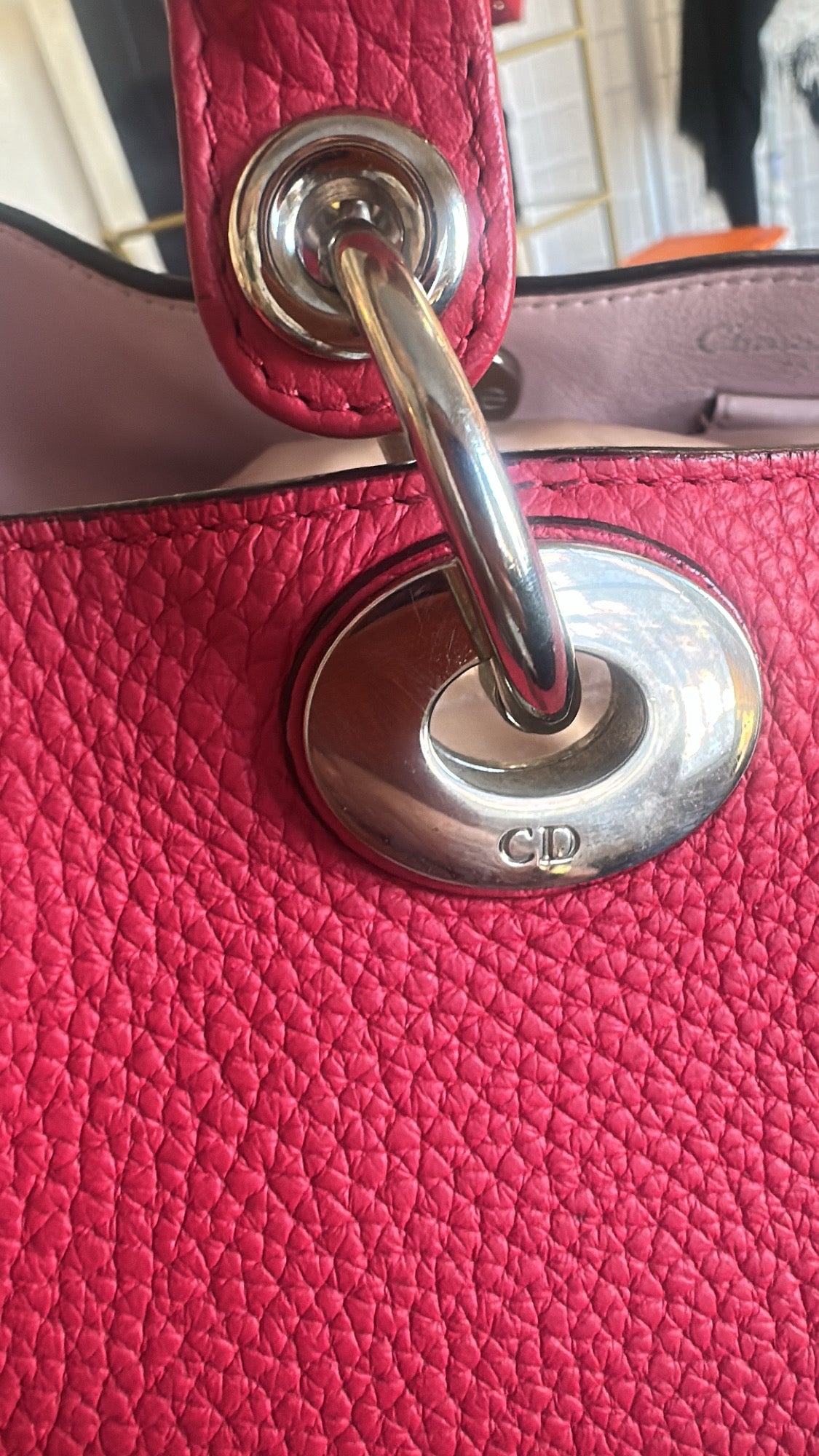 CHRISTIAN DIOR Diorissimo Grained Calfskin Tote – Red with Silver Dior Charm