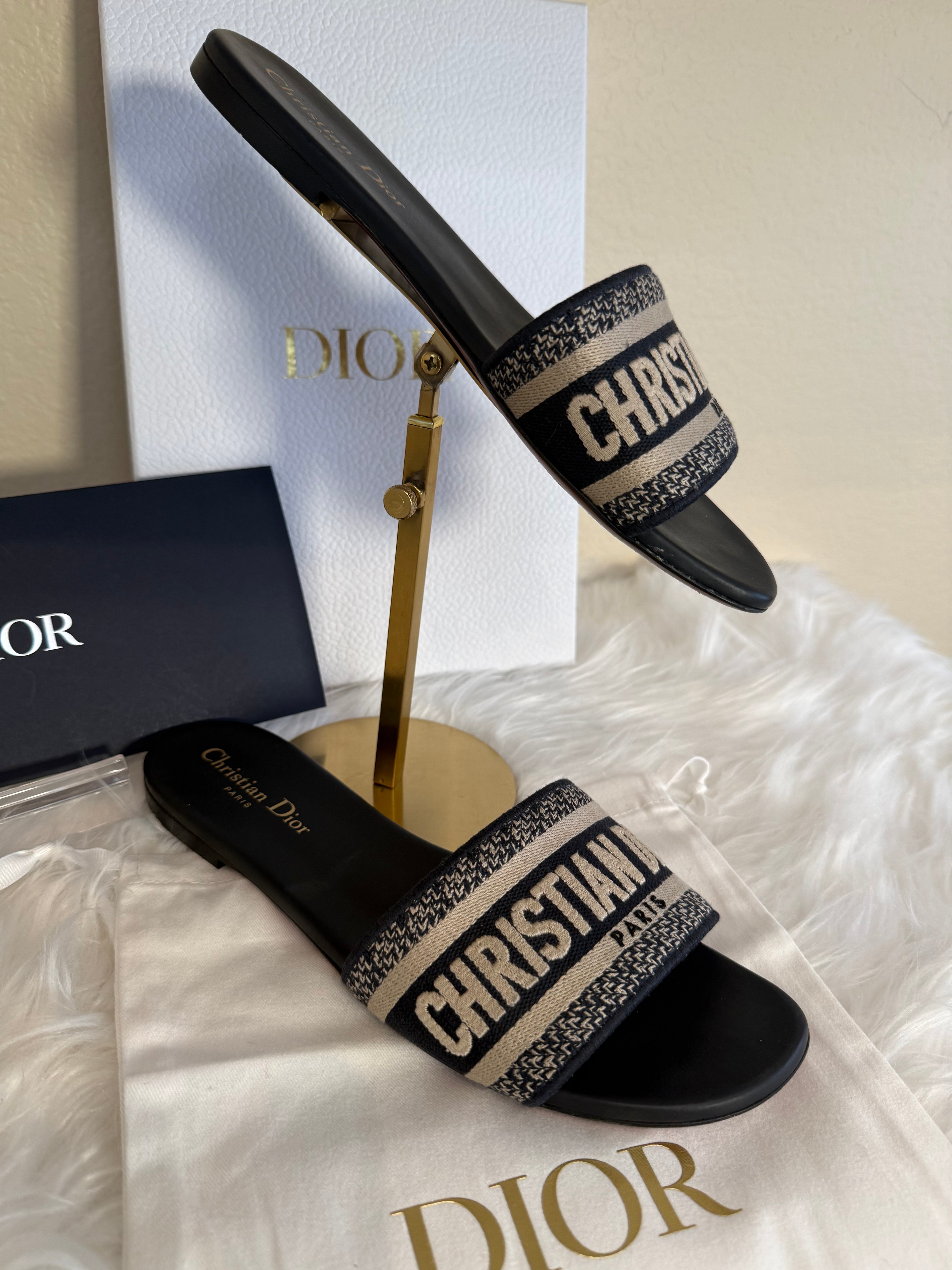 Christian Dior Dway Slide Sandals Blue Toile Oblique Embroidered Logo Slides