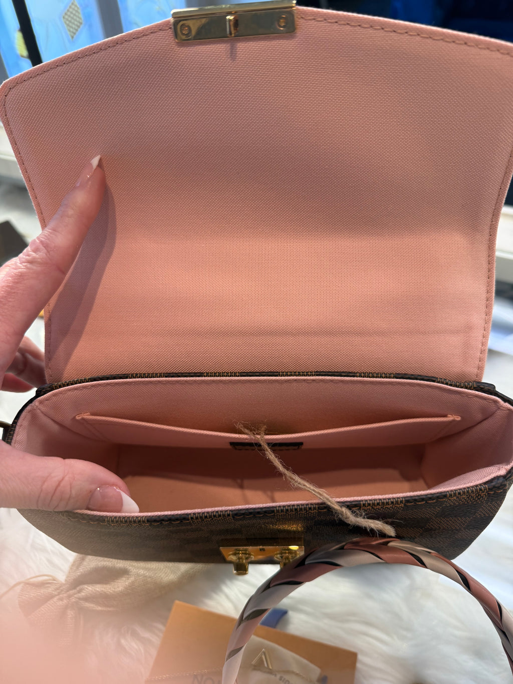 LOUIS VUITTON Croisette Damier Ebene Top Handle Crossbody Bag – Pink Interior with Braided Strap