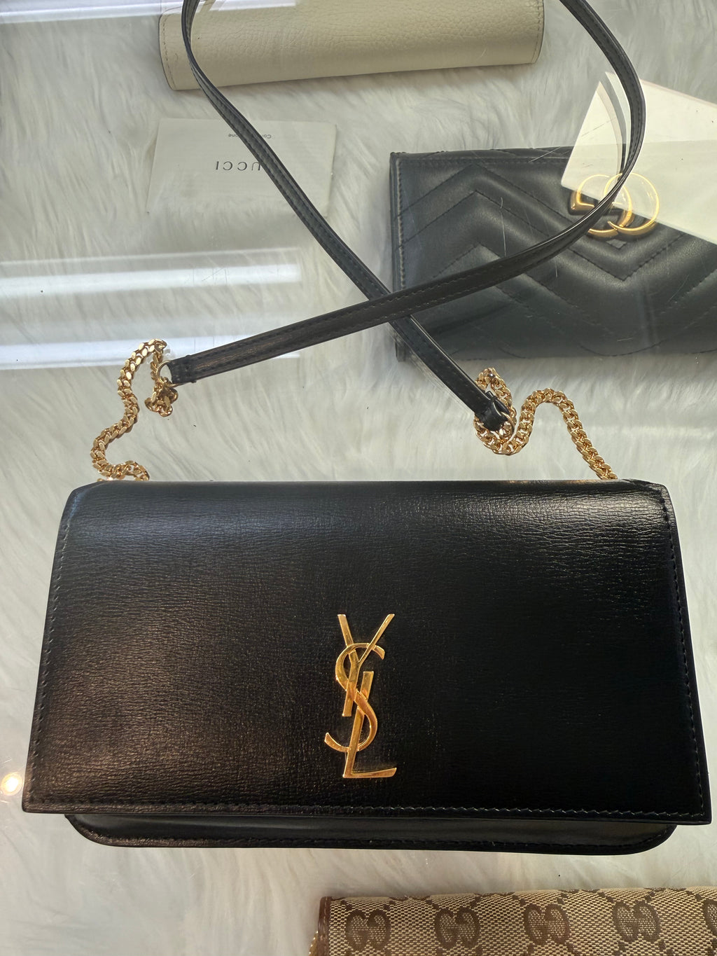SAINT LAURENT Cassandre Wallet on Chain – Black Leather with Gold Hardware
