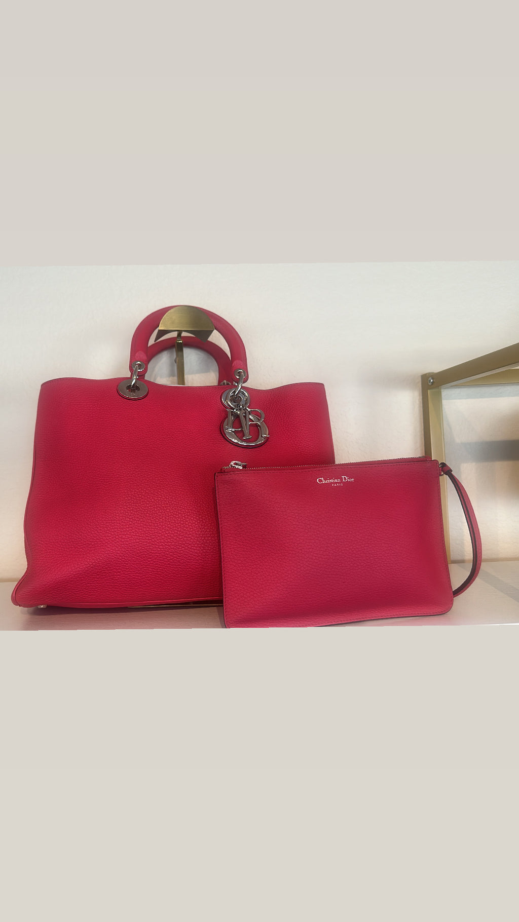 CHRISTIAN DIOR Diorissimo Grained Calfskin Tote – Red with Silver Dior Charm