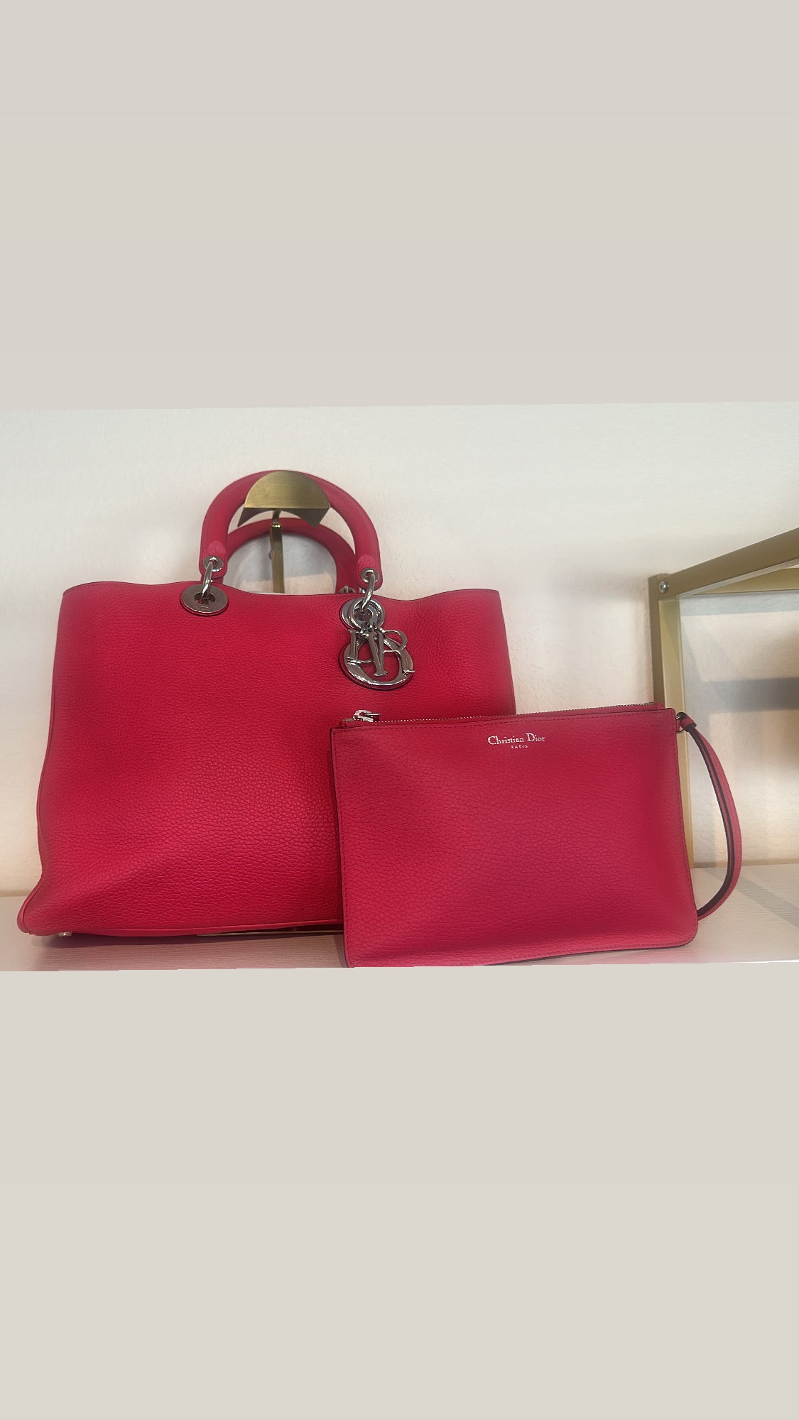 CHRISTIAN DIOR Diorissimo Grained Calfskin Tote – Red with Silver Dior Charm
