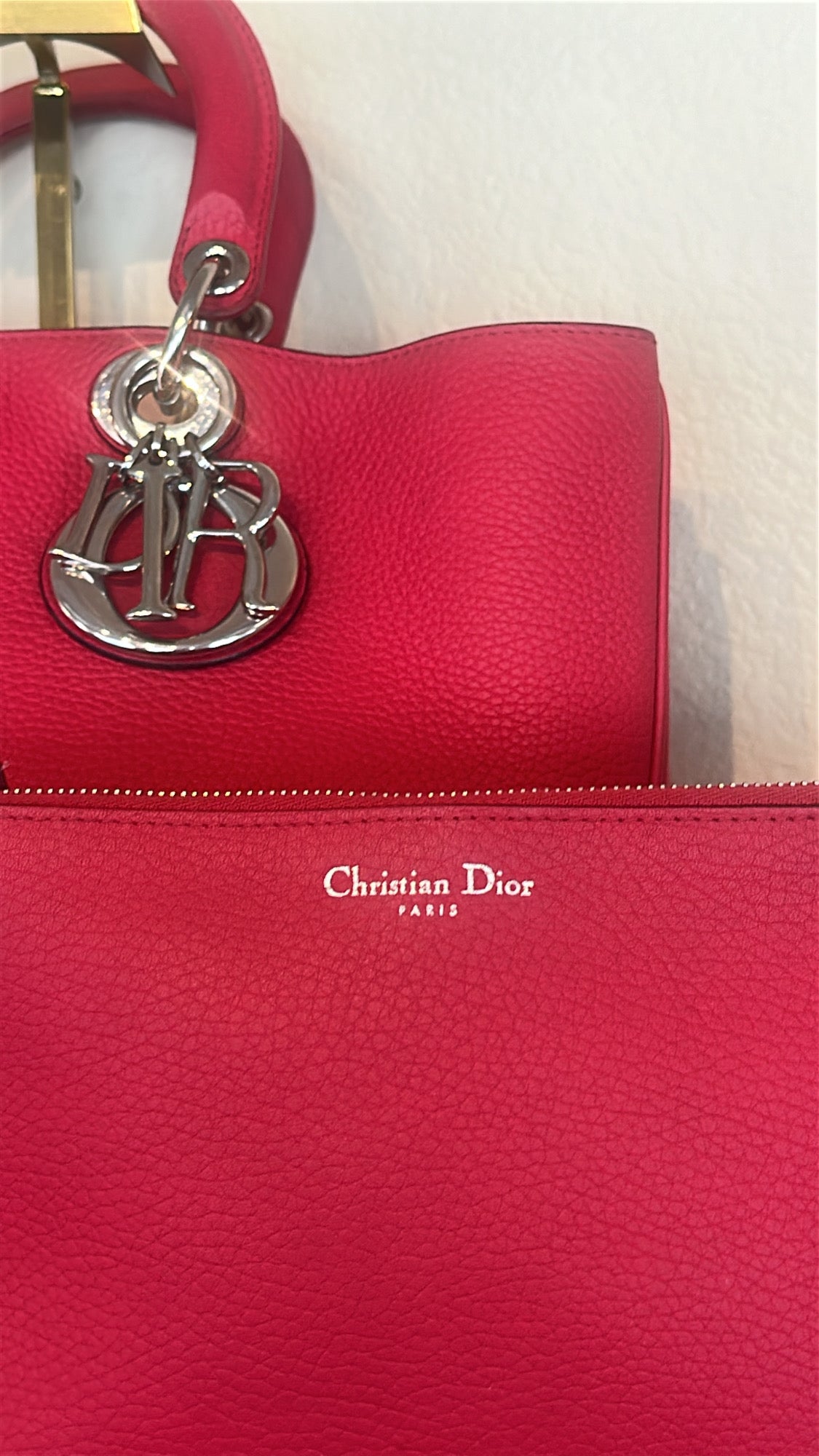 CHRISTIAN DIOR Diorissimo Grained Calfskin Tote – Red with Silver Dior Charm
