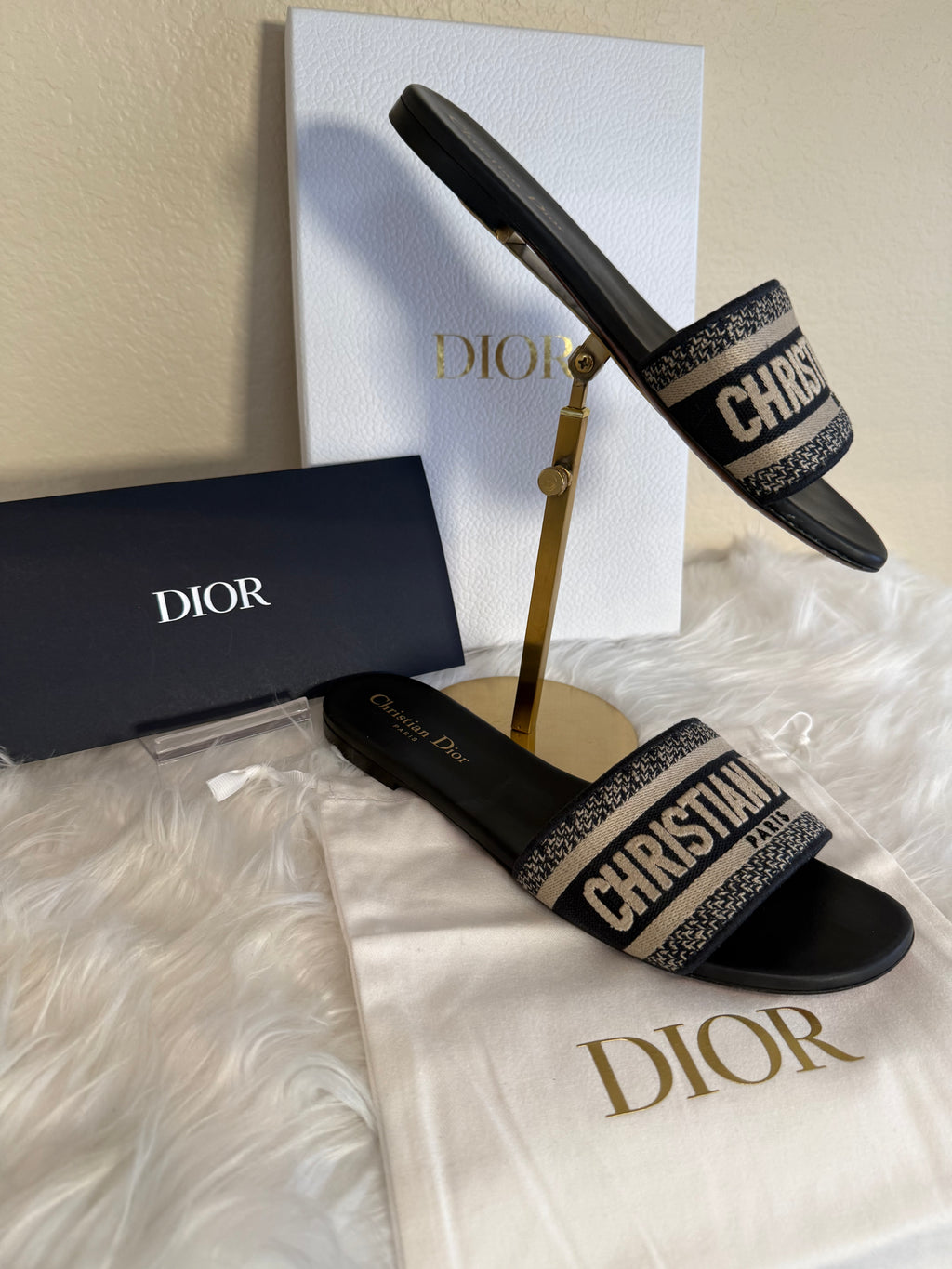 Christian Dior Dway Slide Sandals Blue Toile Oblique Embroidered Logo Slides