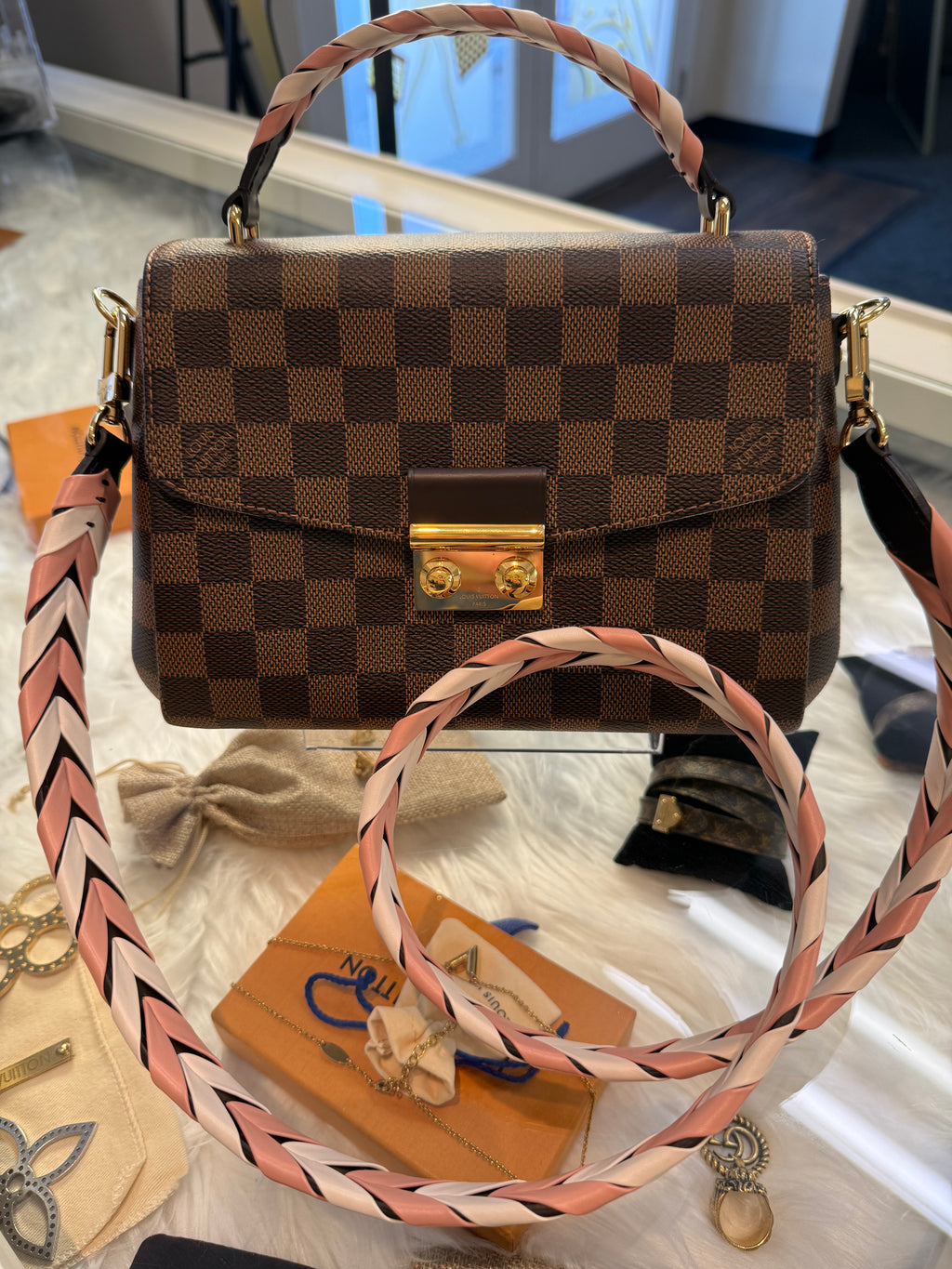 LOUIS VUITTON Croisette Damier Ebene Top Handle Crossbody Bag – Pink Interior with Braided Strap