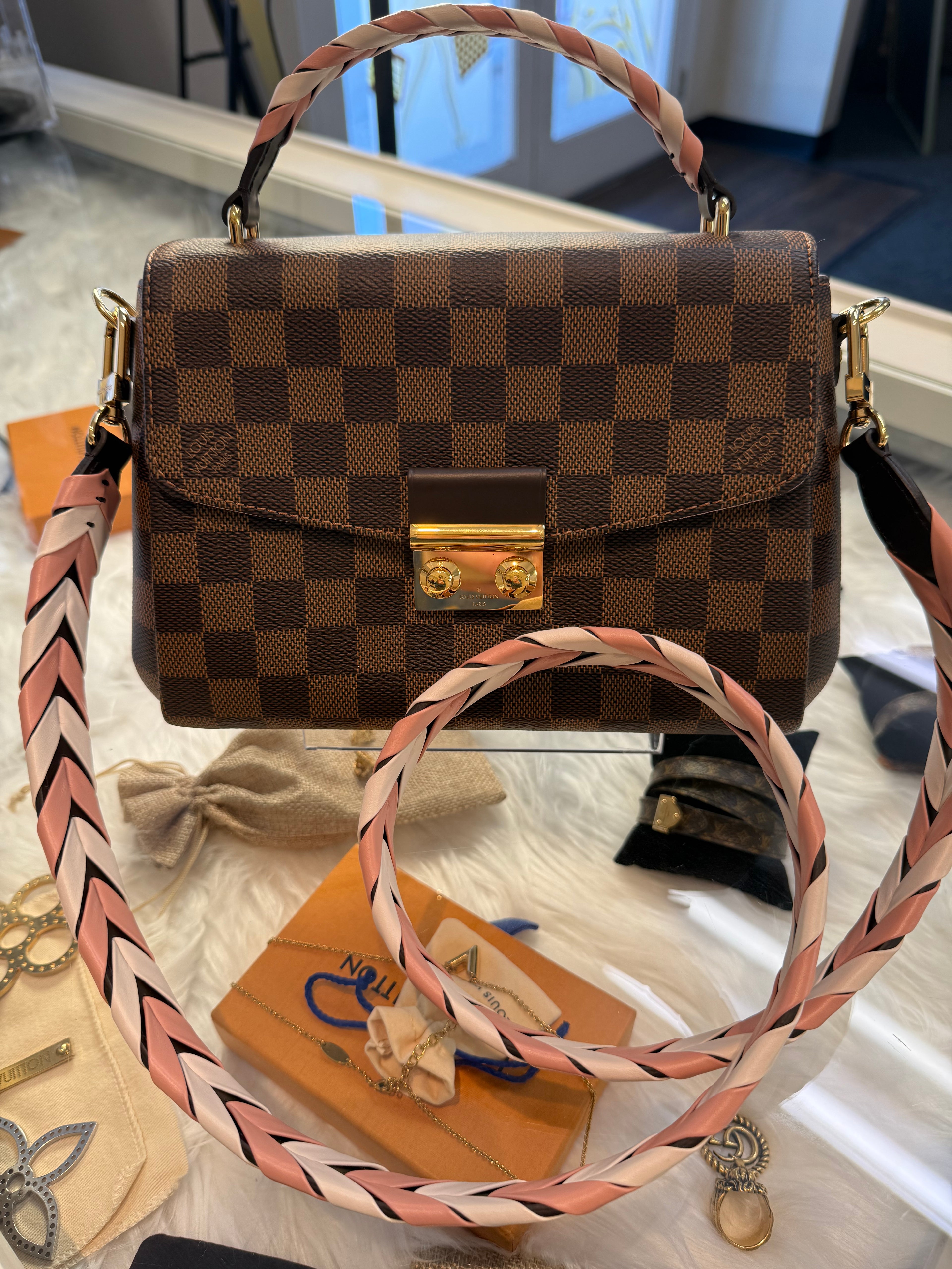 LOUIS VUITTON Croisette Damier Ebene Top Handle Crossbody Bag – Pink Interior with Braided Strap