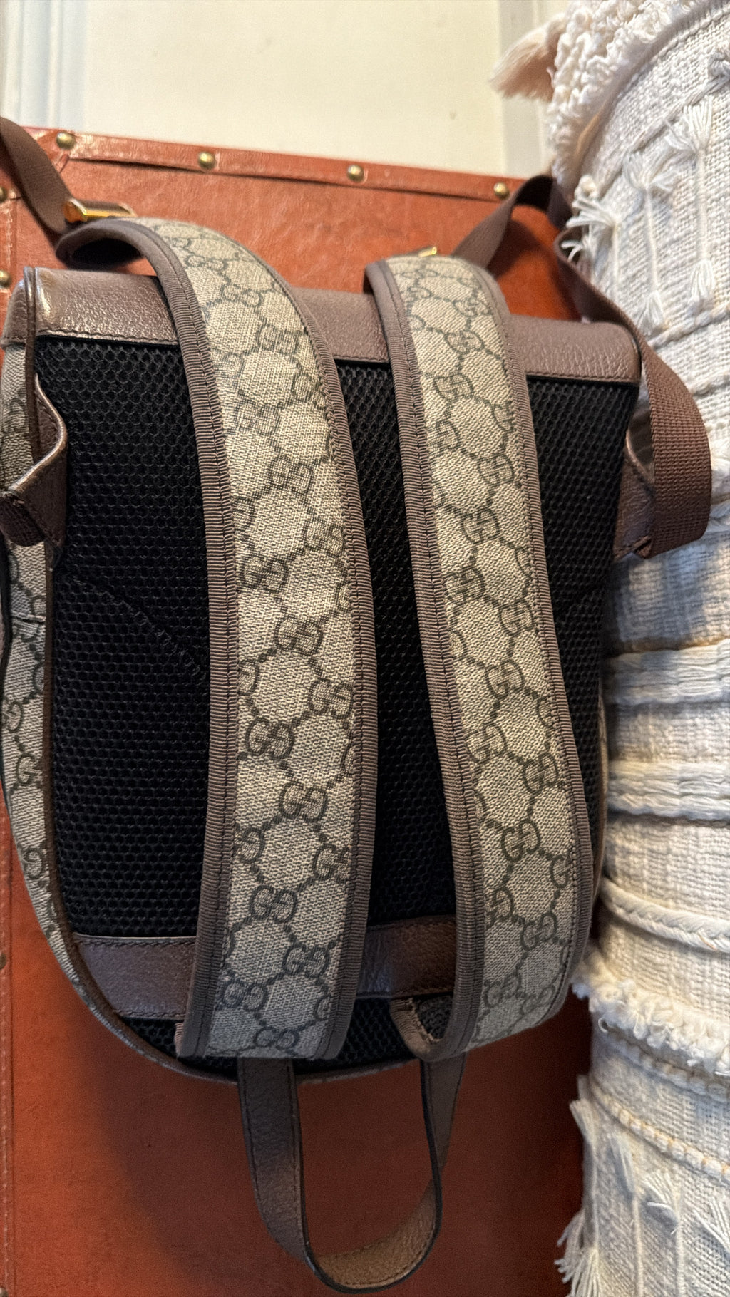 Gucci GG Supreme Ophidia Small Backpack Web Stripe Beige Ebony Canvas Gold Hardware