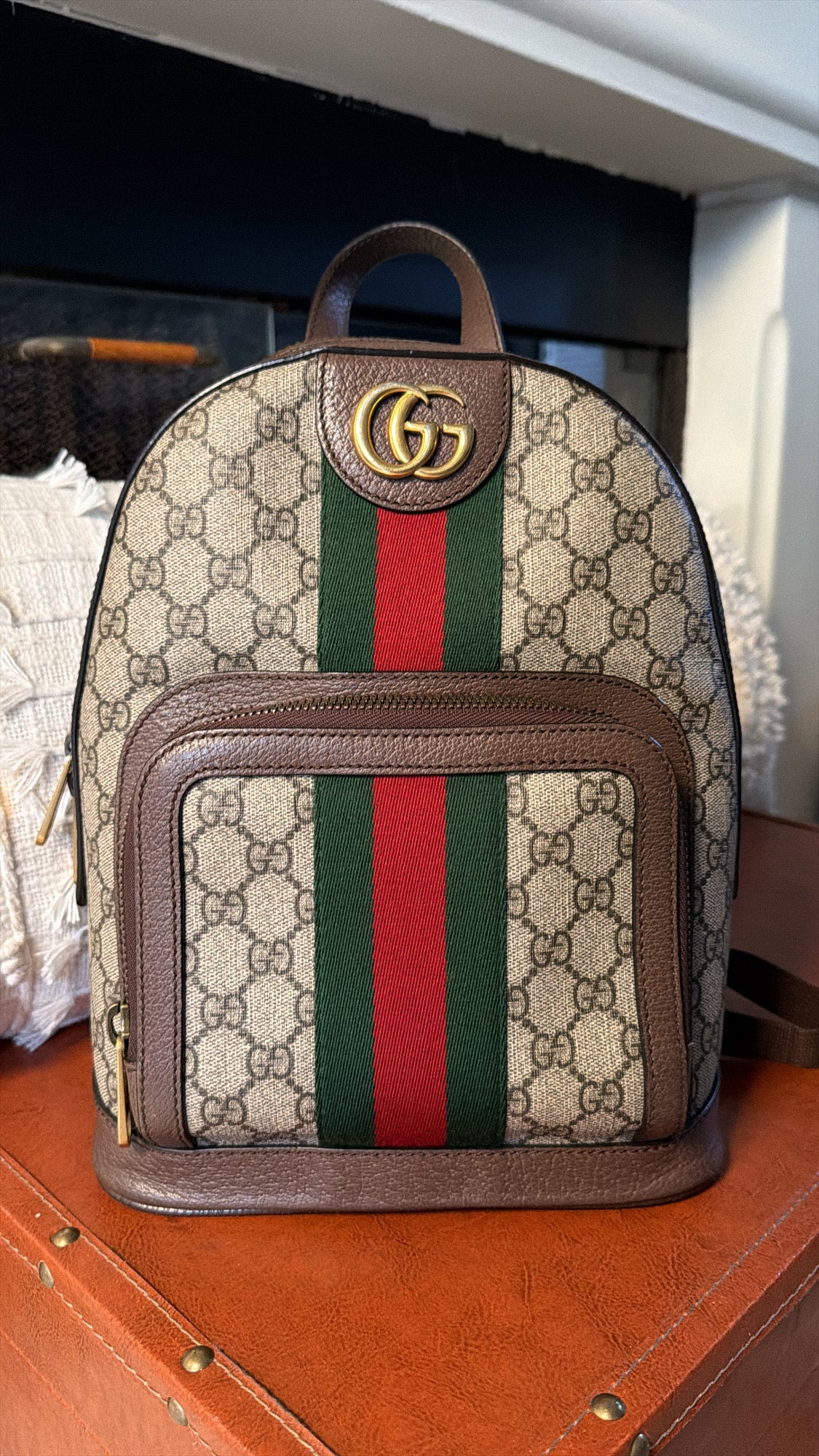 Gucci GG Supreme Ophidia Small Backpack Web Stripe Beige Ebony Canvas Gold Hardware