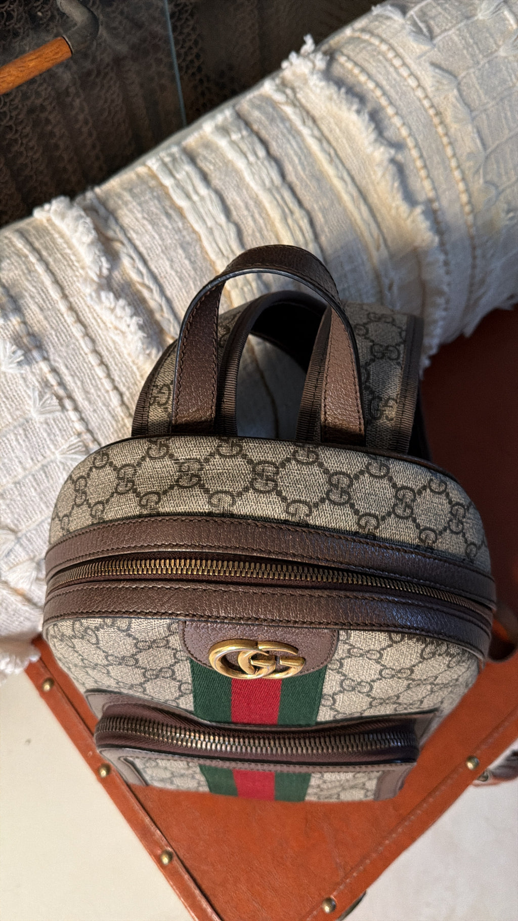 Gucci GG Supreme Ophidia Small Backpack Web Stripe Beige Ebony Canvas Gold Hardware