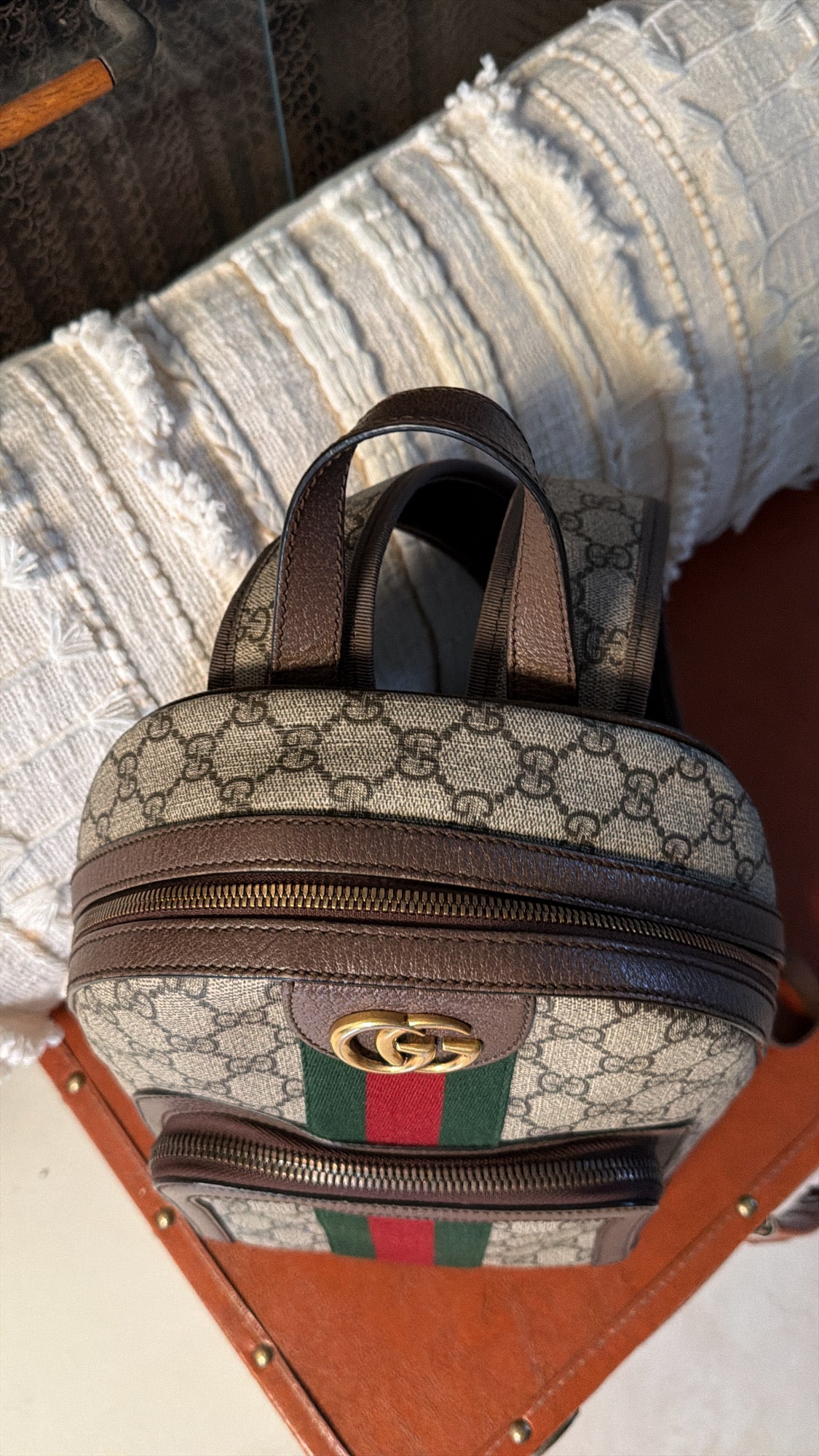 Gucci GG Supreme Ophidia Small Backpack Web Stripe Beige Ebony Canvas Gold Hardware