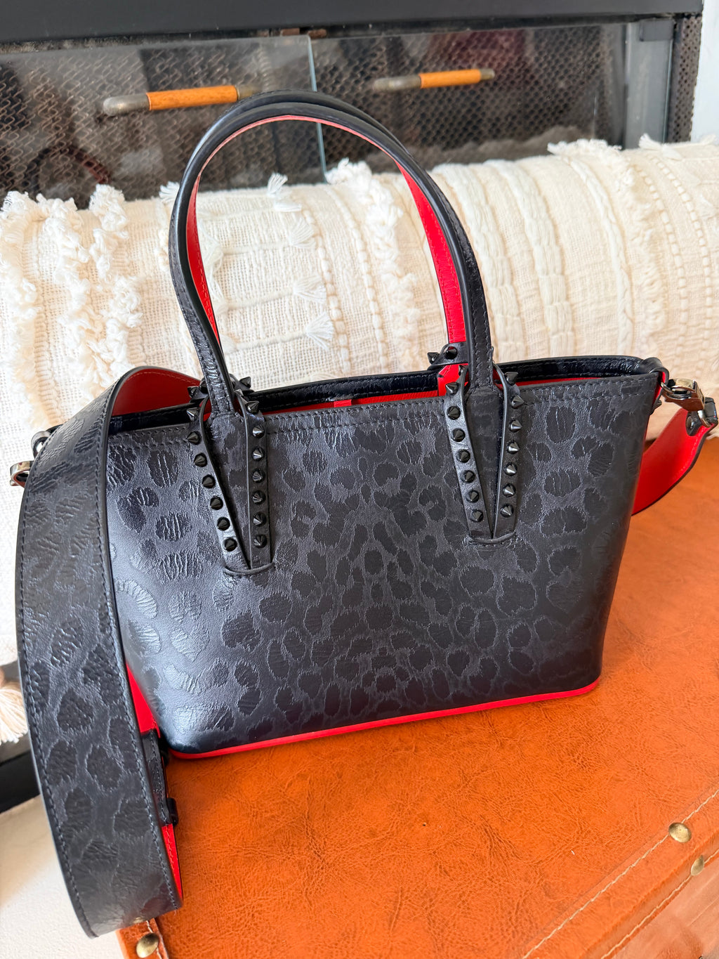 Christian Louboutin Cabata Small Leopard Jacquard Studded Tote (Black/Red)