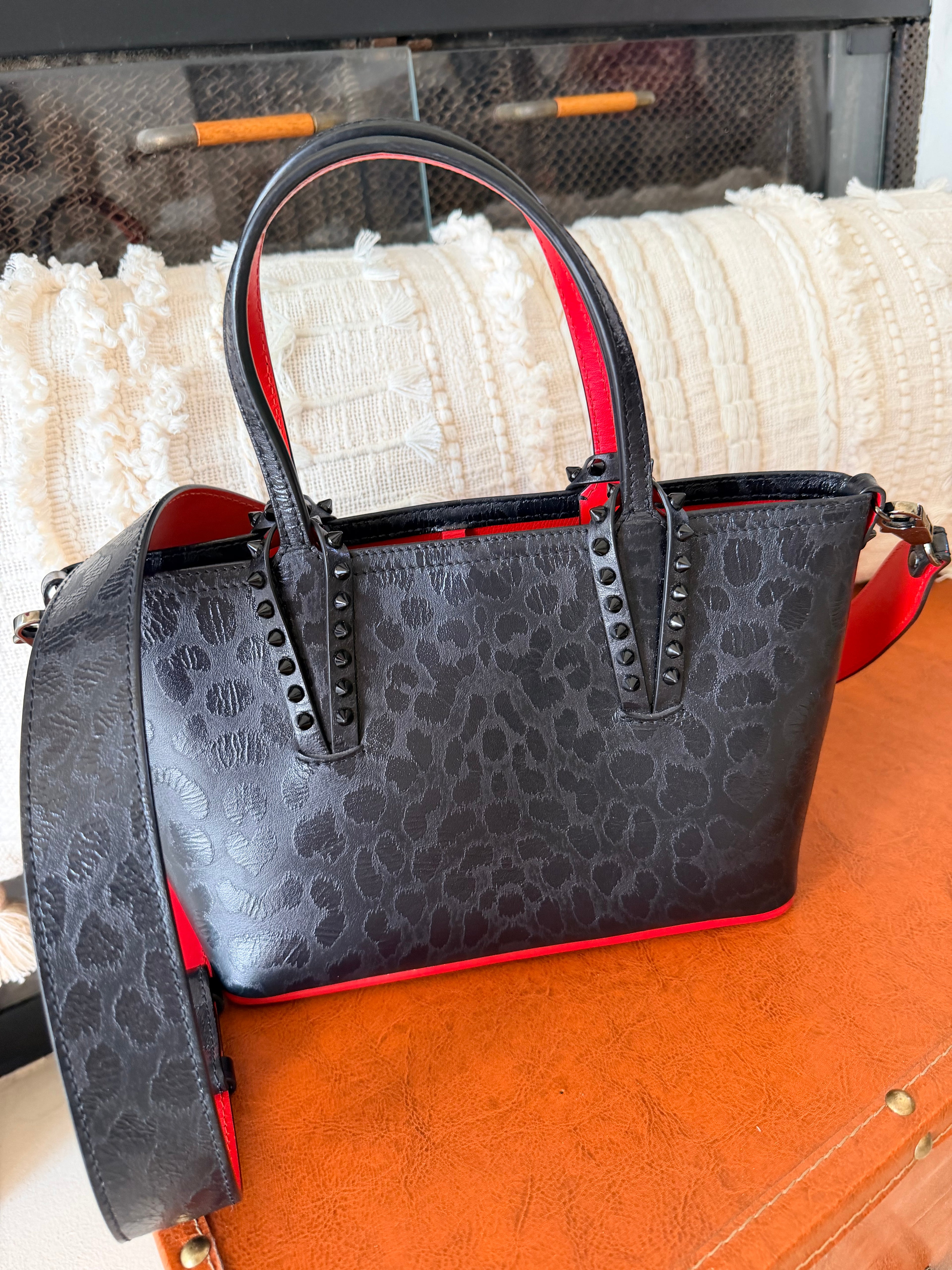 Christian Louboutin Cabata Small Leopard Jacquard Studded Tote (Black/Red)