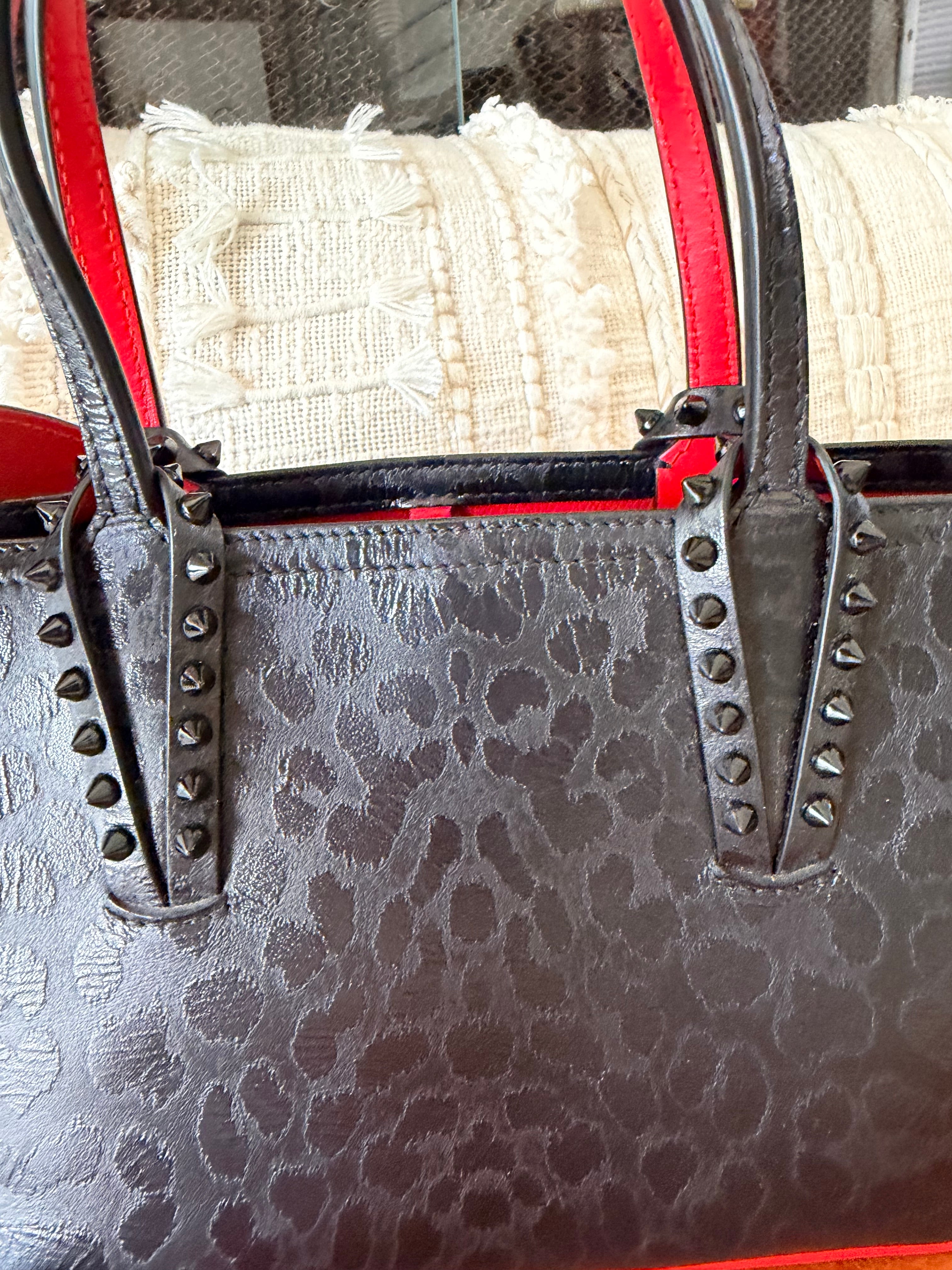 Christian Louboutin Cabata Small Leopard Jacquard Studded Tote (Black/Red)