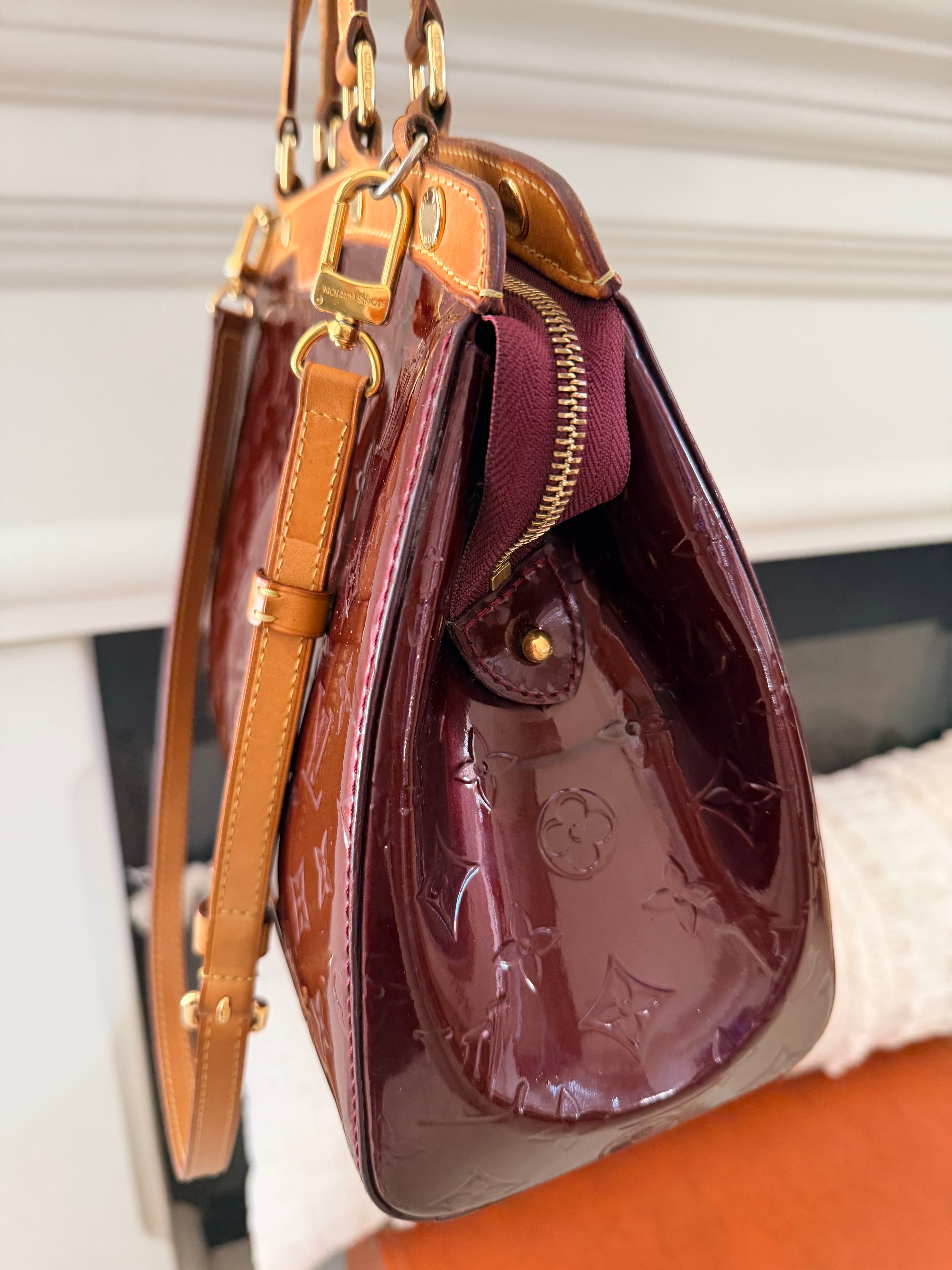 Louis Vuitton Vernis Brea MM Amarante Patent Leather Satchel | LV Monogram Vernis Shoulder Bag