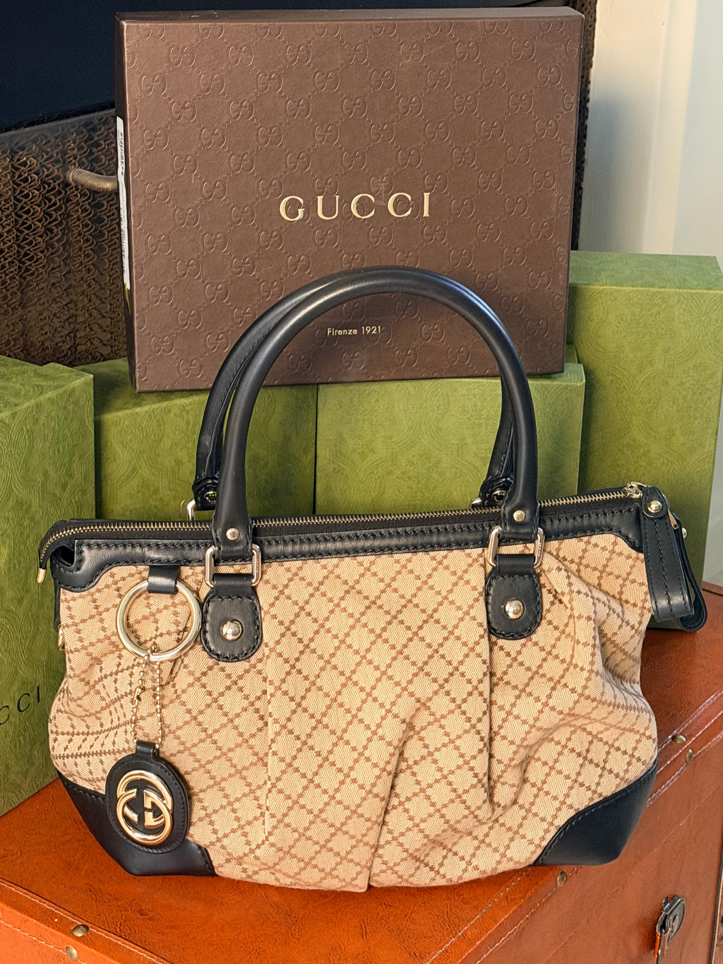 Gucci GG Canvas Shoulder Bag Black Leather Trim Gold Hardware