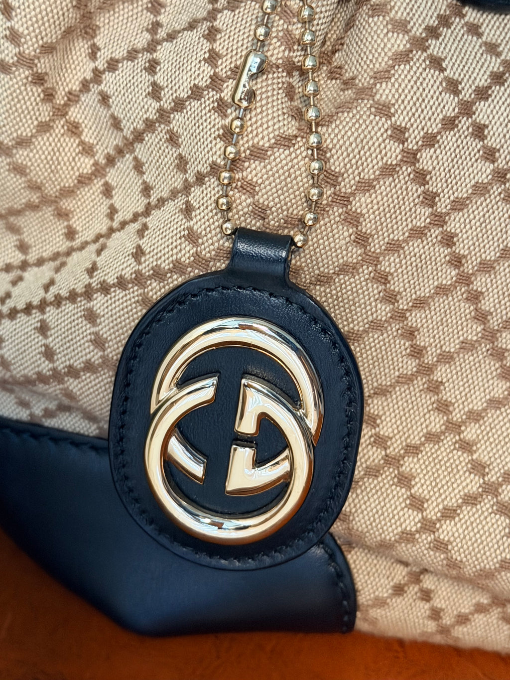 Gucci GG Canvas Shoulder Bag Black Leather Trim Gold Hardware