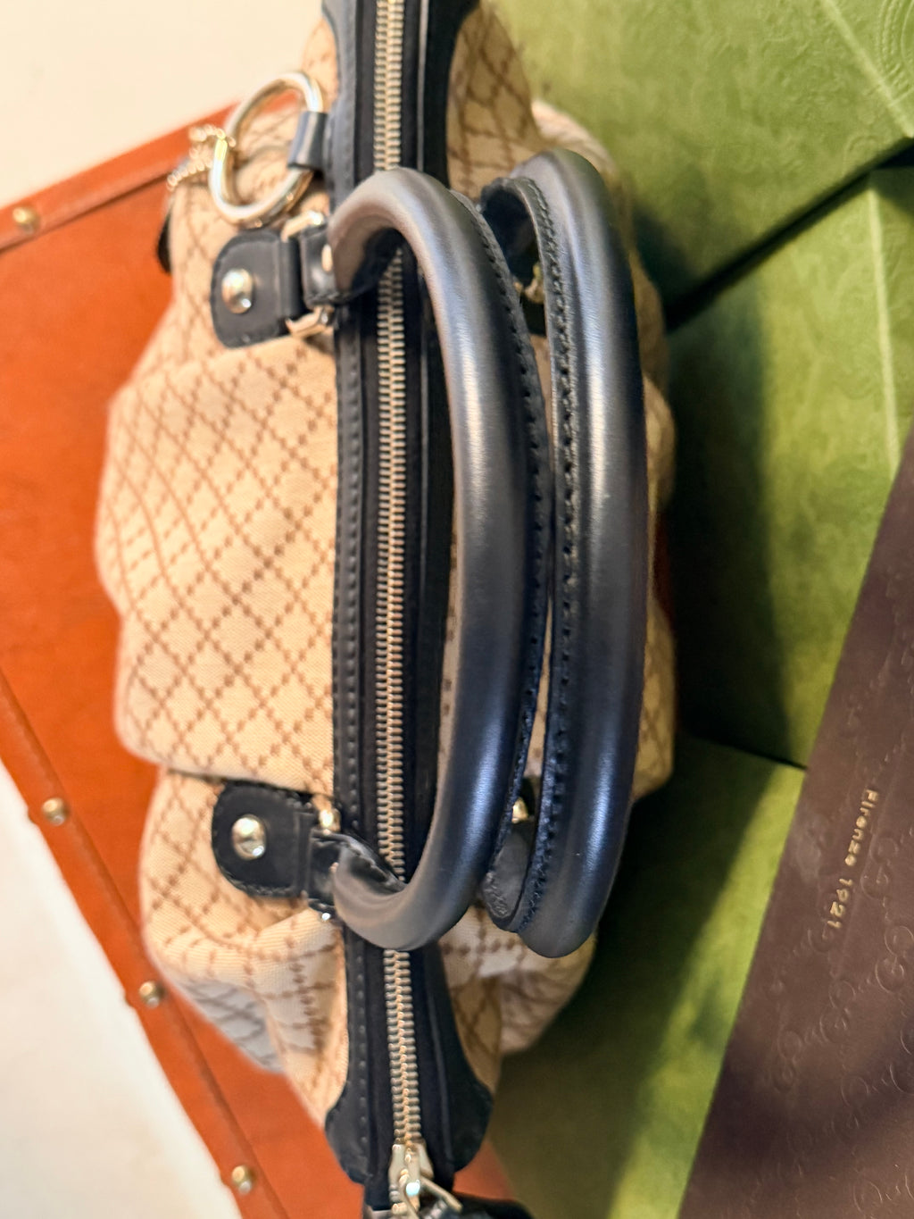 Gucci GG Canvas Shoulder Bag Black Leather Trim Gold Hardware