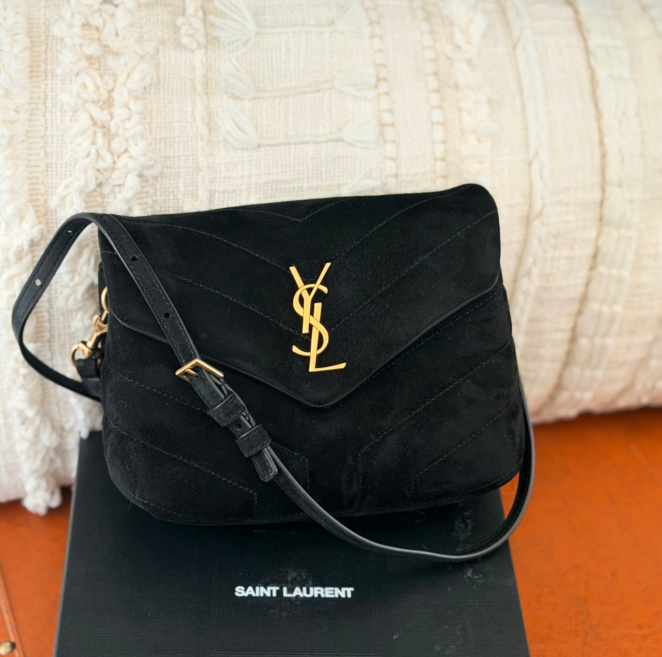 Saint Laurent LouLou Small Black Suede YSL Crossbody Bag Gold Hardware