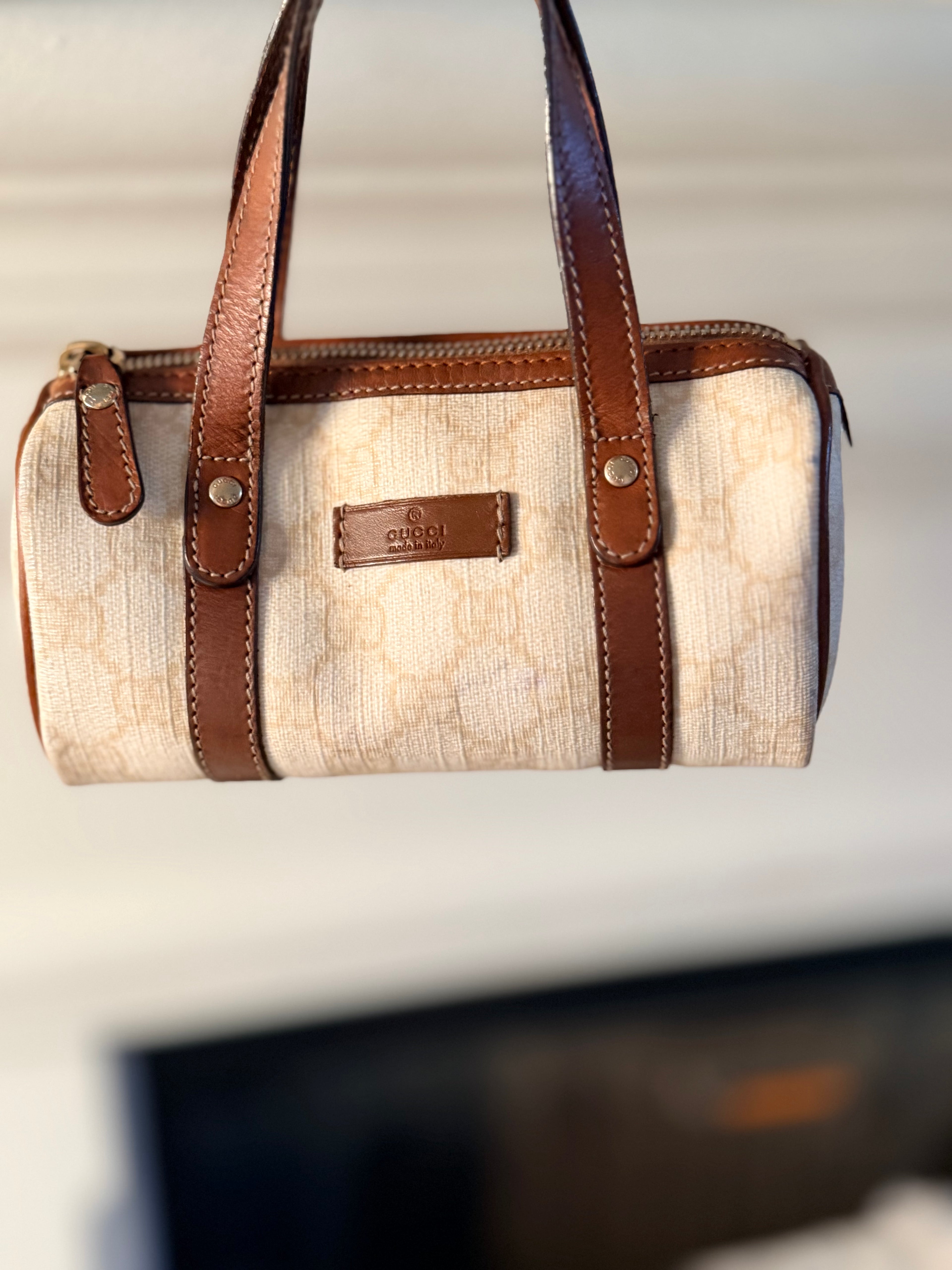 Gucci Mini Boston Bag Beige Canvas Brown Leather Trim Top Handle Bag