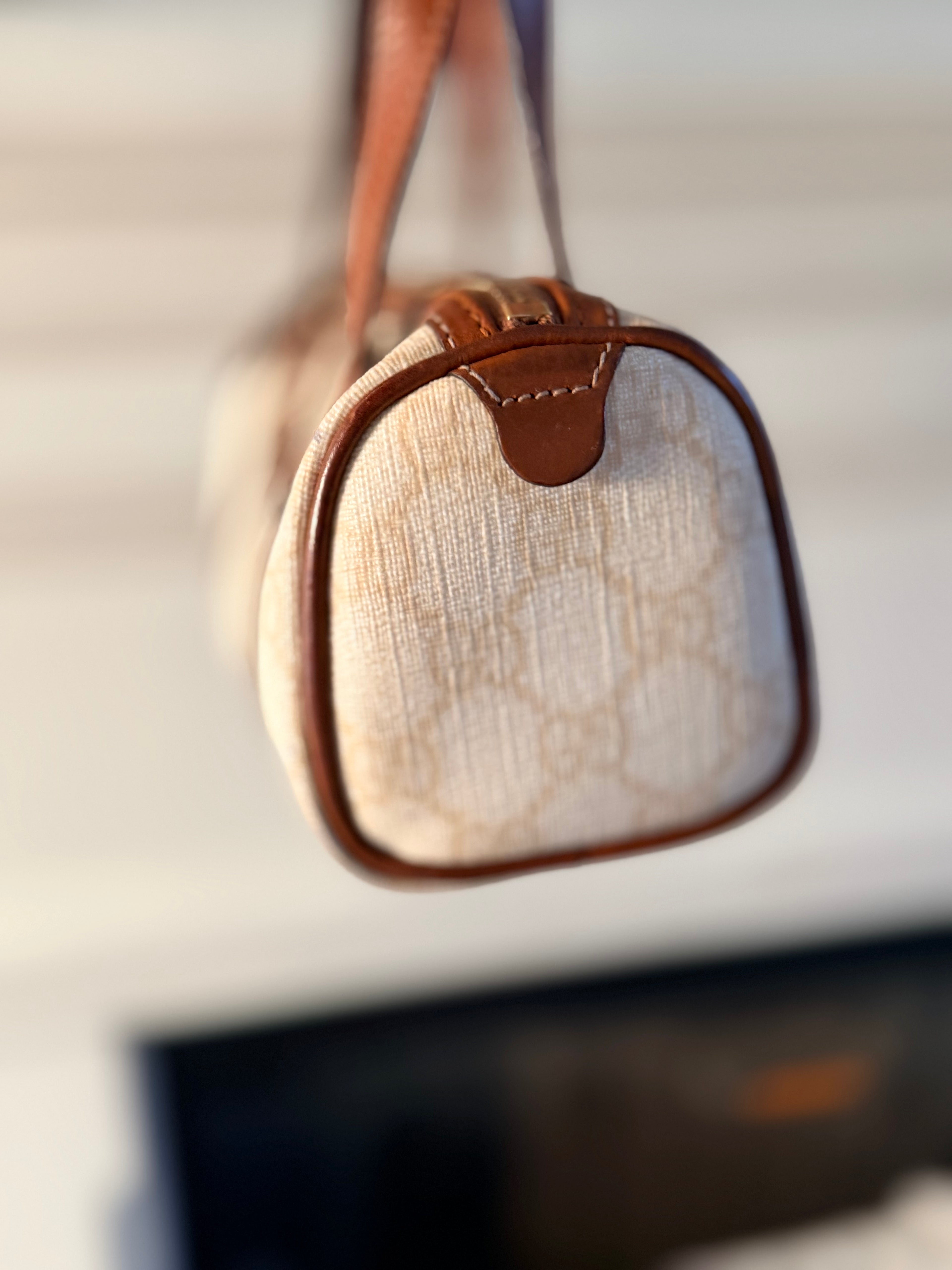 Gucci Mini Boston Bag Beige Canvas Brown Leather Trim Top Handle Bag