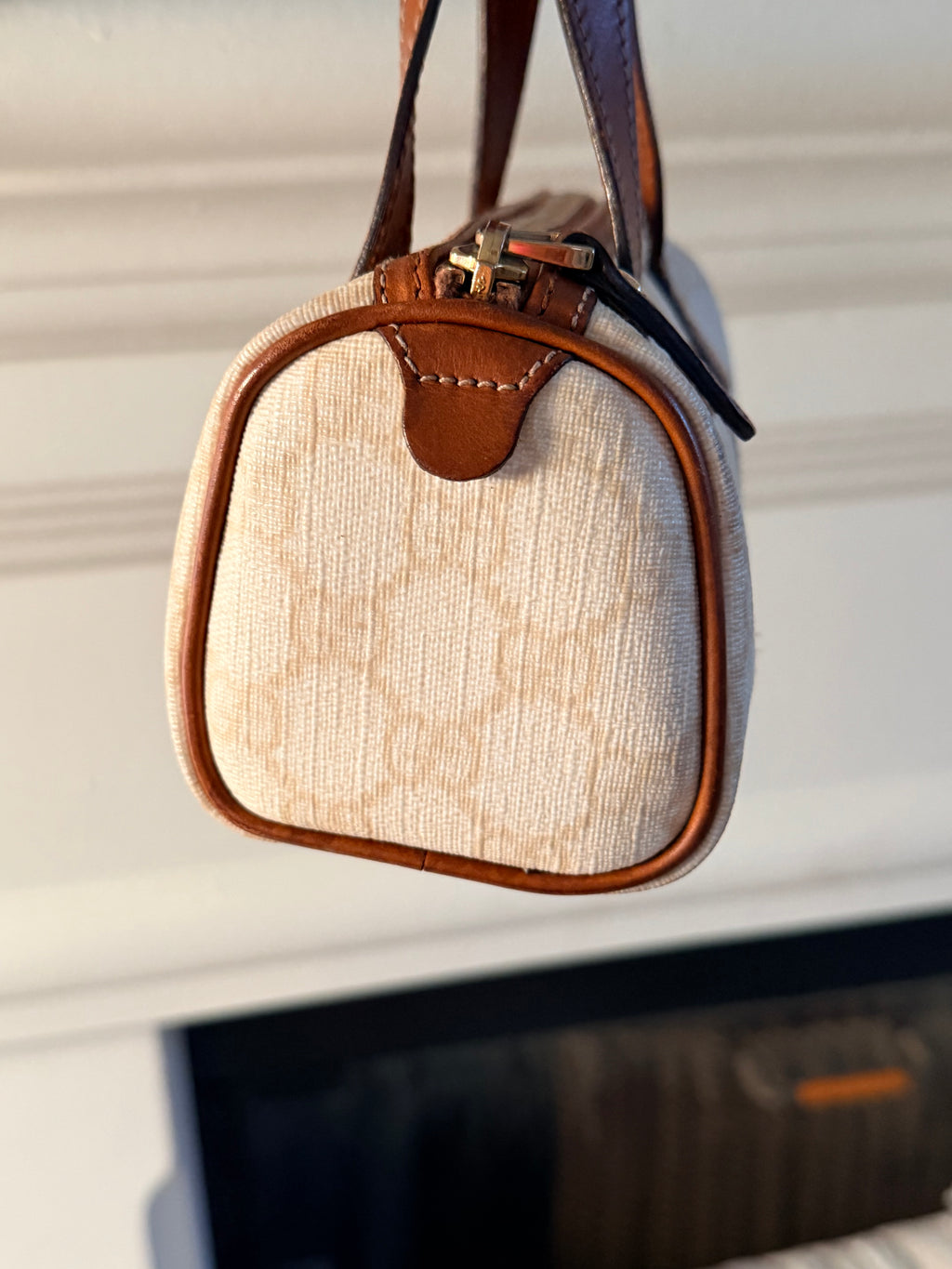 Gucci Mini Boston Bag Beige Canvas Brown Leather Trim Top Handle Bag