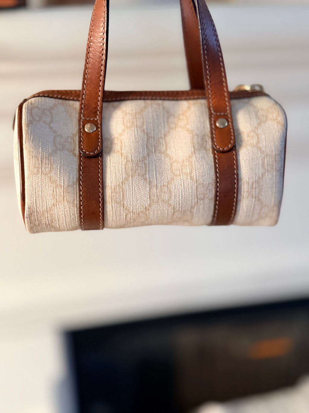 Gucci Mini Boston Bag Beige Canvas Brown Leather Trim Top Handle Bag