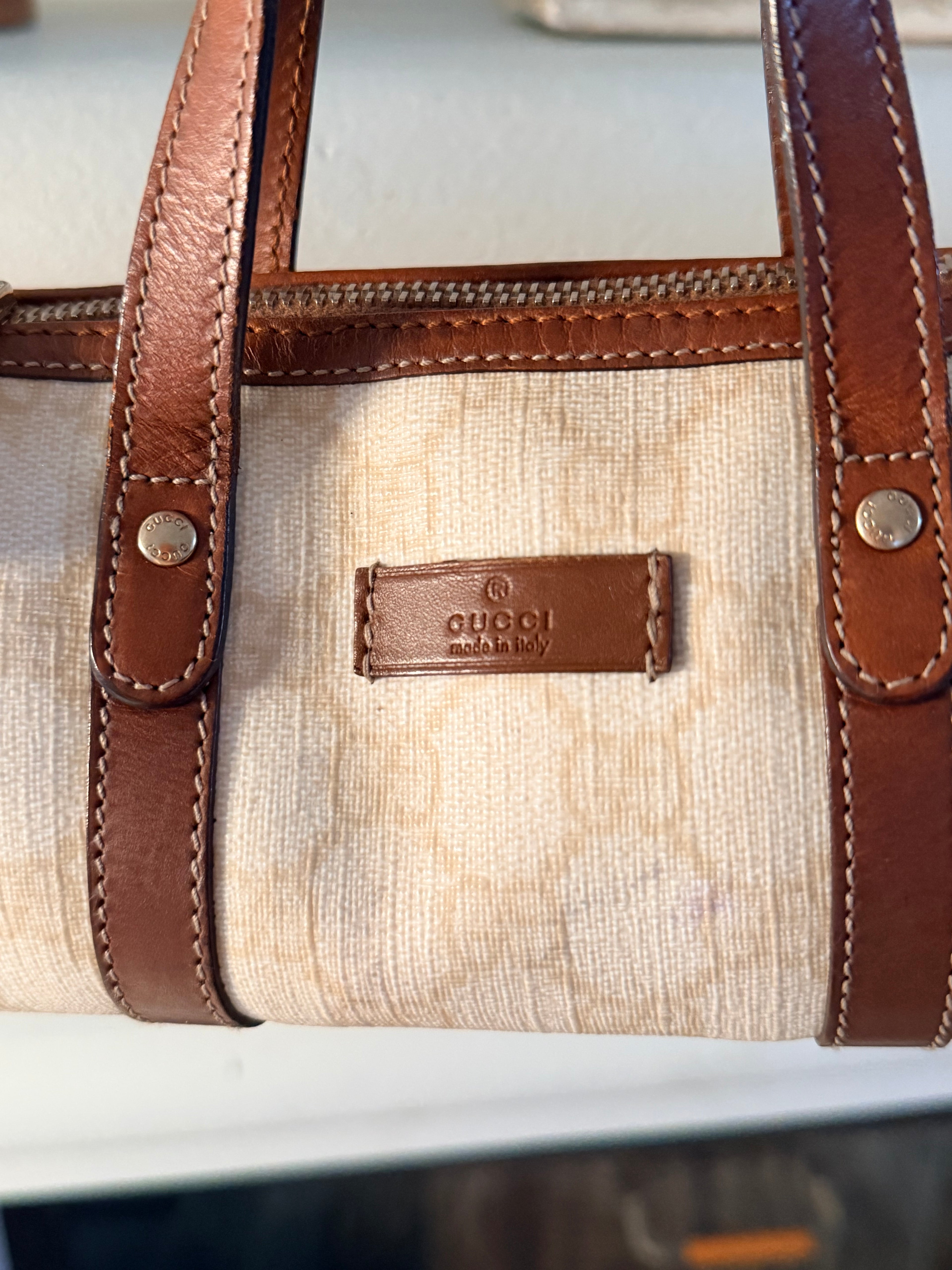 Gucci Mini Boston Bag Beige Canvas Brown Leather Trim Top Handle Bag