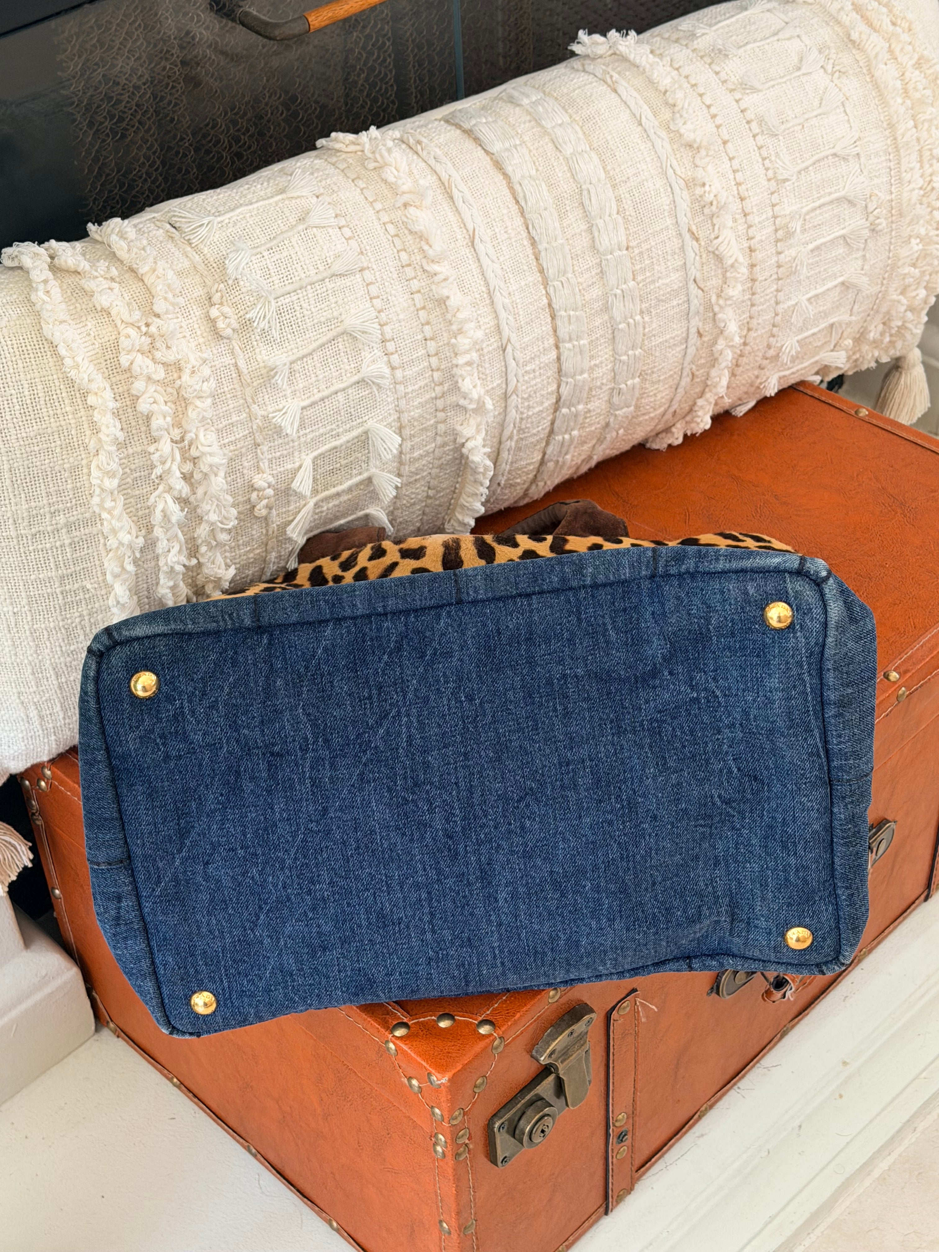 Prada Milano Denim & Leopard Trim Tote Bag