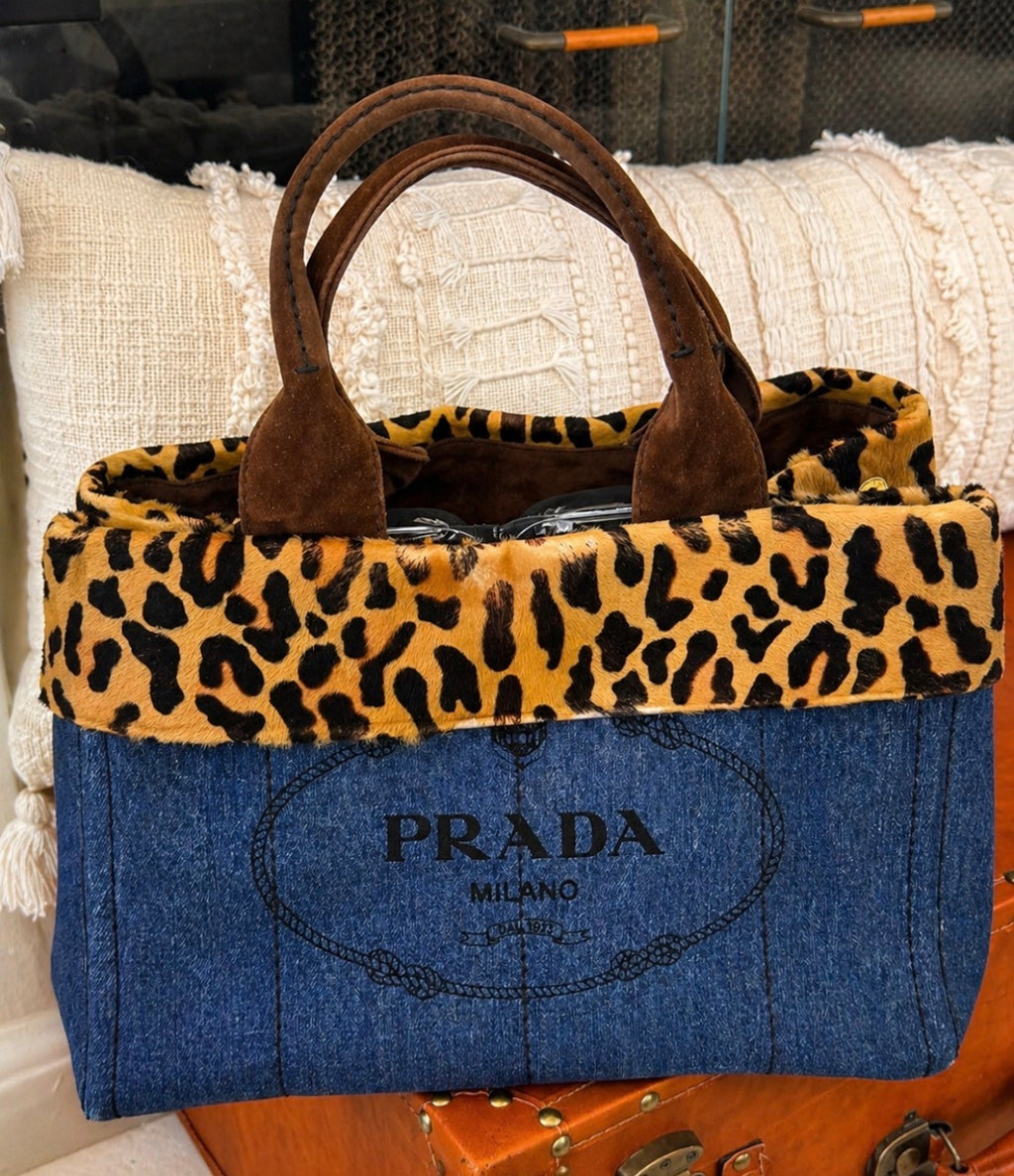 Prada Milano Denim & Leopard Trim Tote Bag