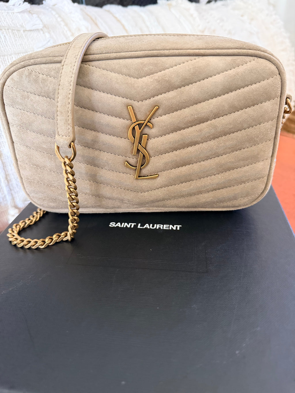 SAINT LAURENT Lou Mini YSL Camera Bag in Quilted Suede