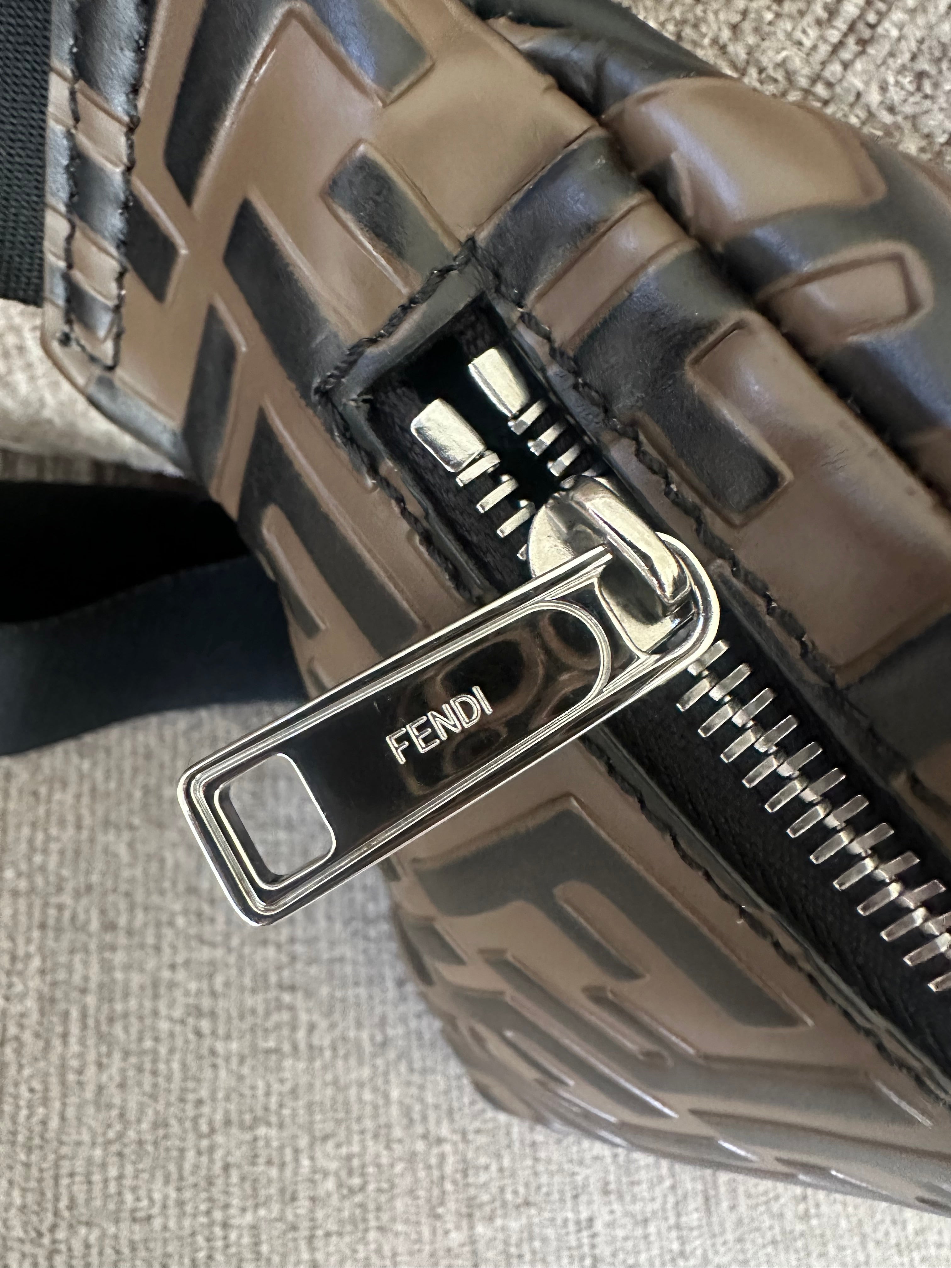 FENDI FF Embossed Leather Belt Bag – Brown Zucca Monogram Crossbody Waist Bag