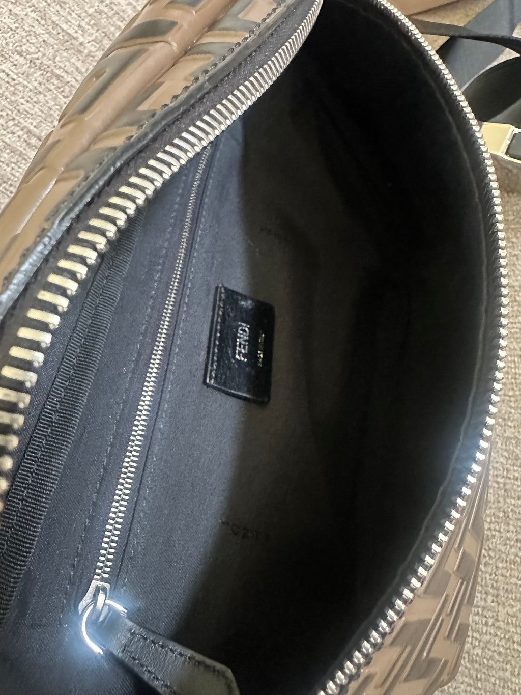 FENDI FF Embossed Leather Belt Bag – Brown Zucca Monogram Crossbody Waist Bag