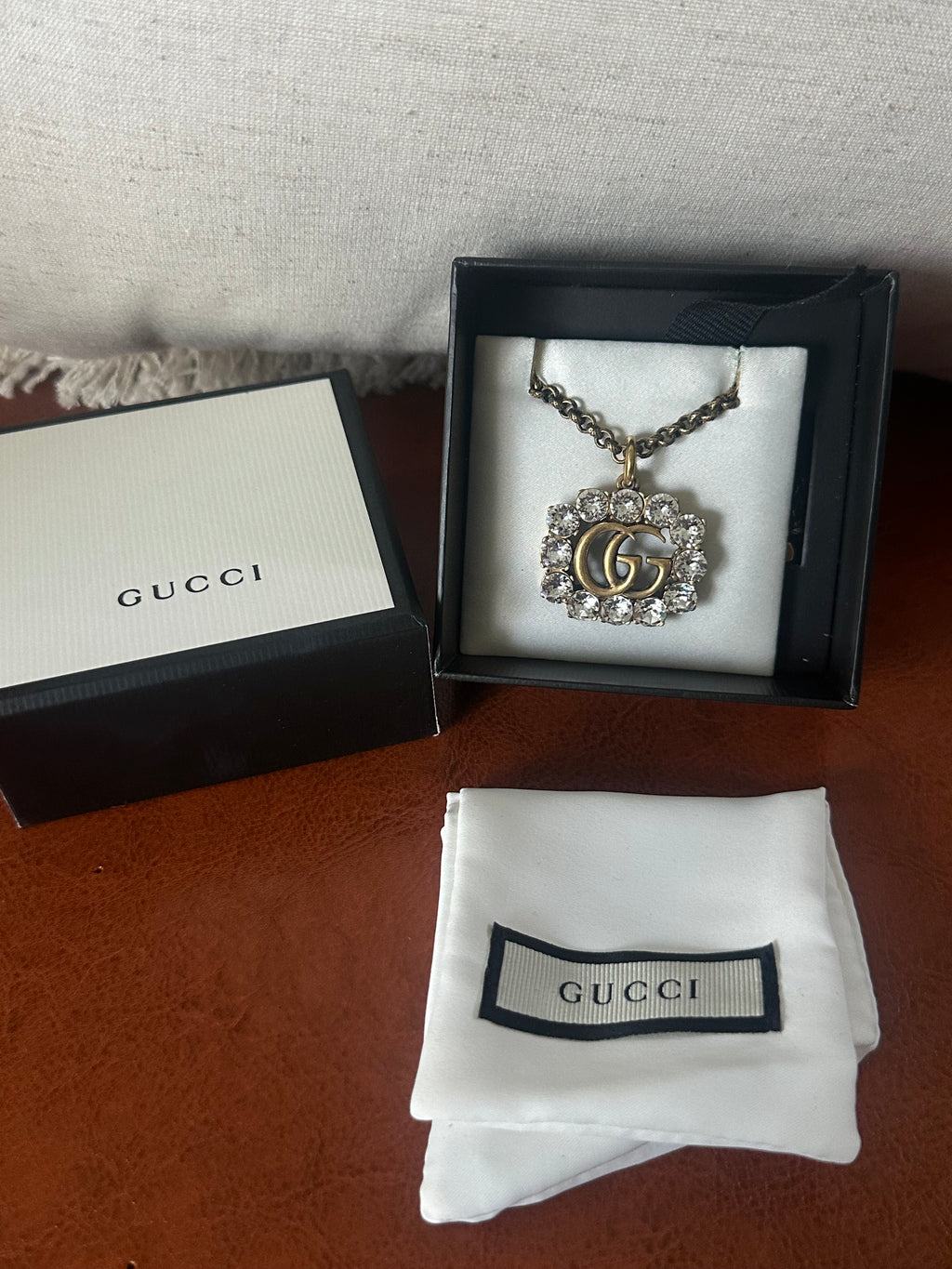 GUCCI GG Marmont Crystal Logo Necklace – Gold Tone Double G Pendant