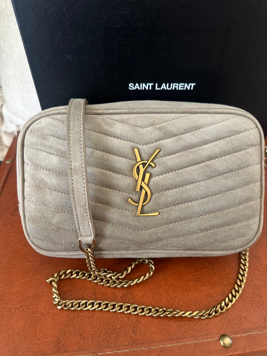 SAINT LAURENT Lou Mini Camera Bag – Beige Suede – Gold Hardware – Brand New