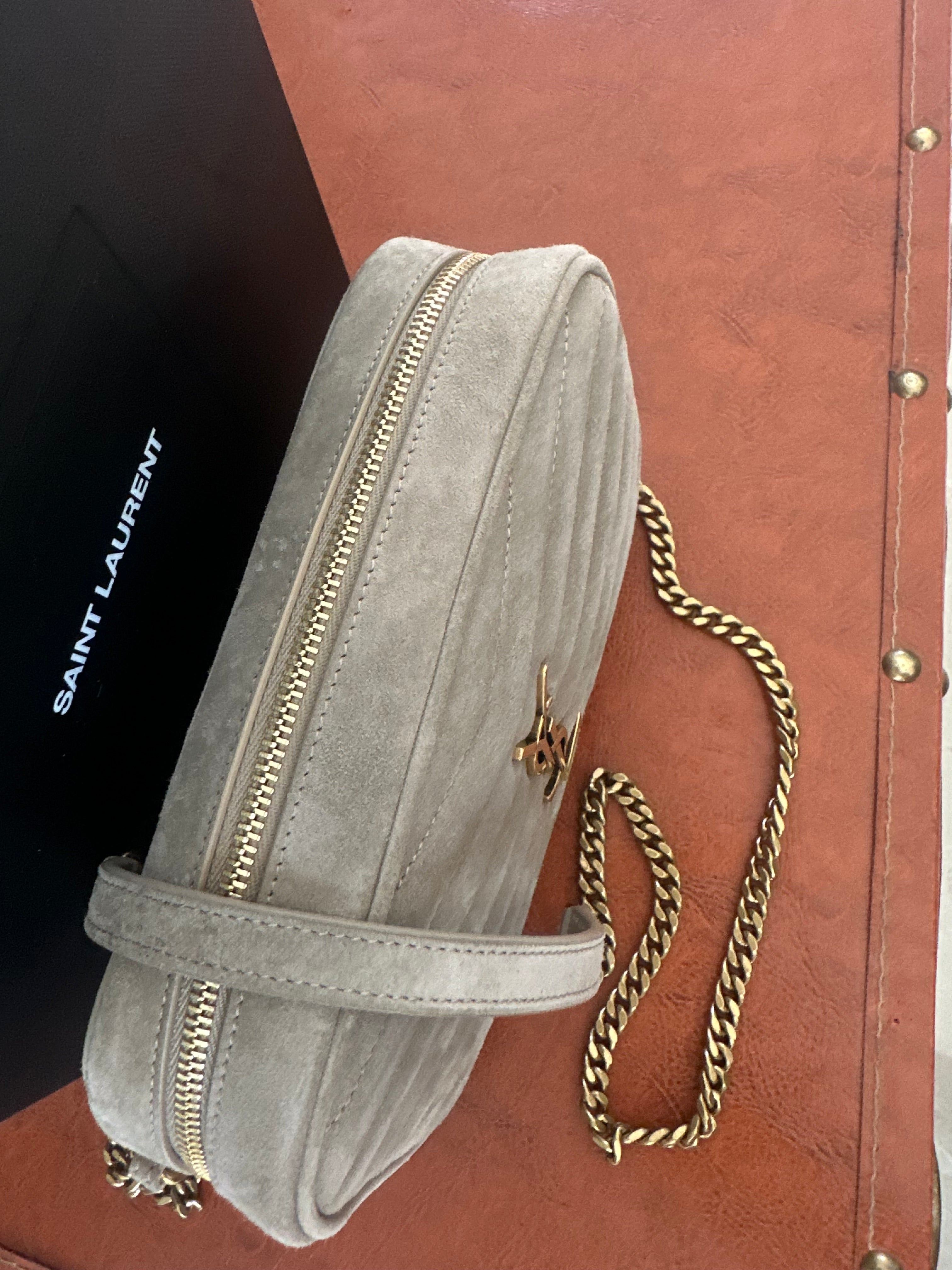 SAINT LAURENT Lou Mini Camera Bag – Beige Suede – Gold Hardware – Brand New