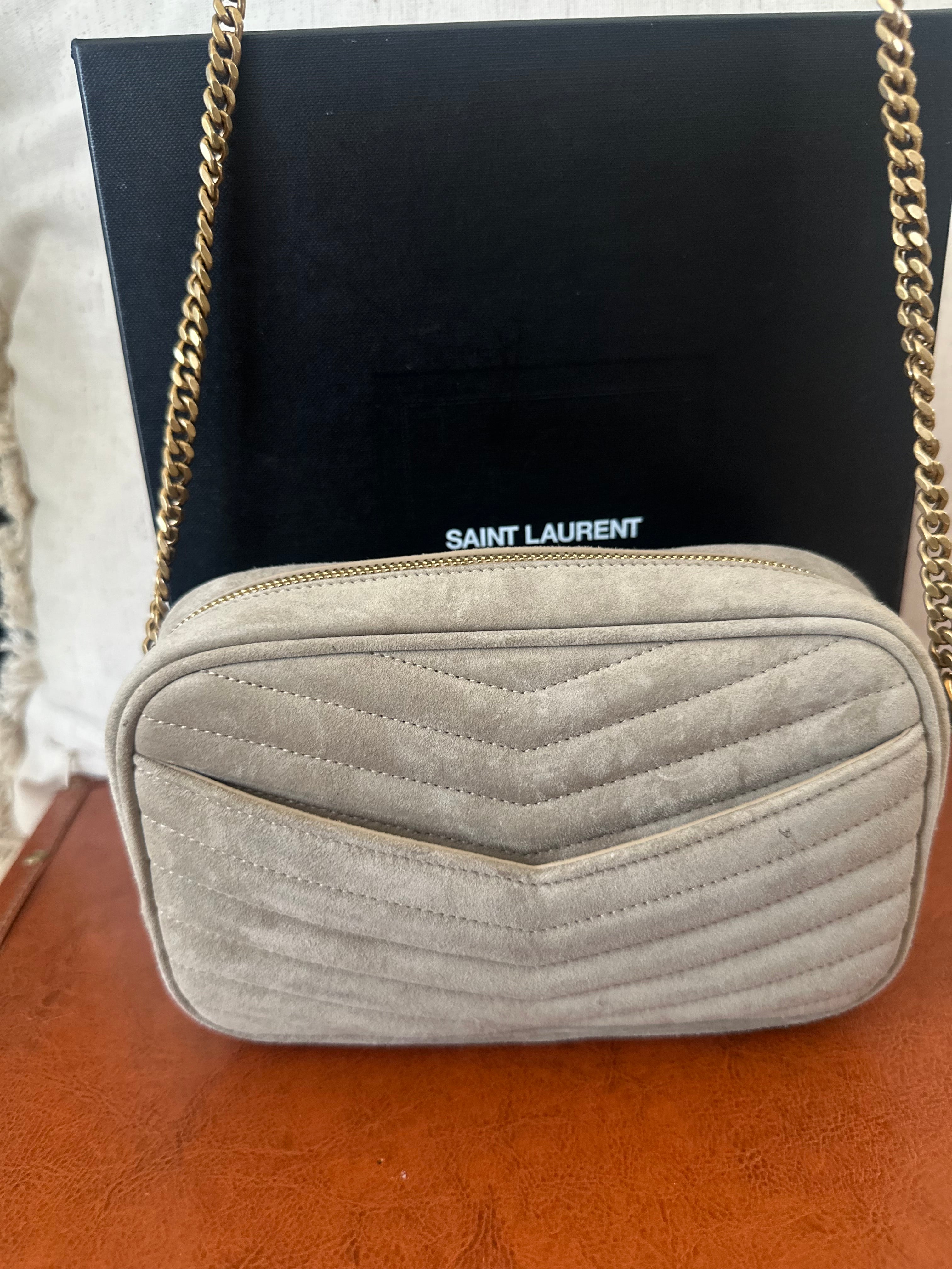SAINT LAURENT Lou Mini Camera Bag – Beige Suede – Gold Hardware – Brand New