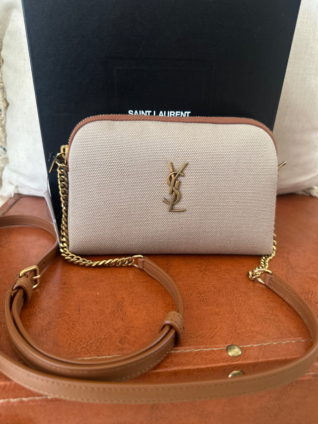 SAINT LAURENT Gaby Camera Bag – Canvas & Tan Leather – Gold Hardware – Brand New