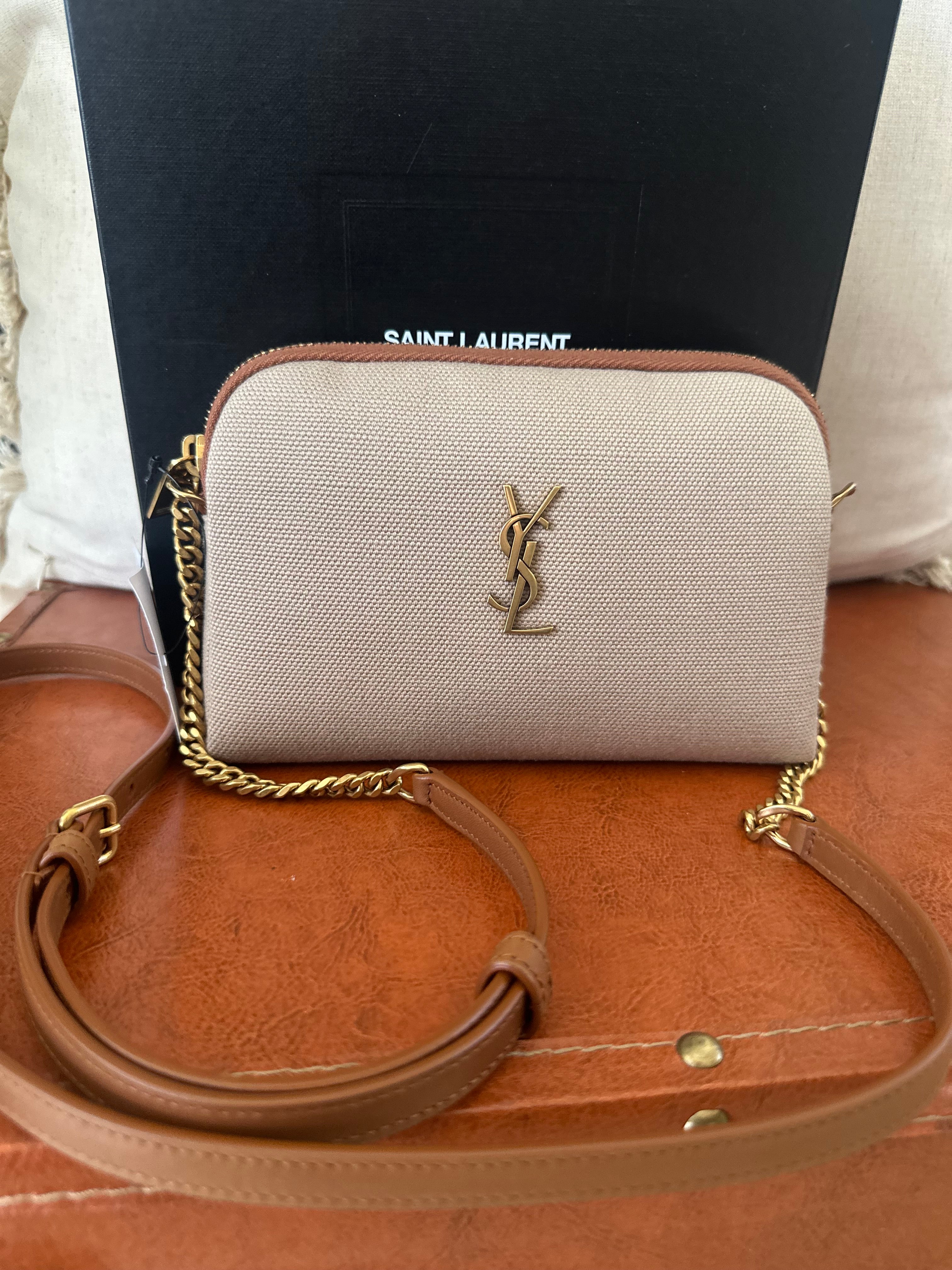 SAINT LAURENT Gaby Camera Bag – Canvas & Tan Leather – Gold Hardware – Brand New