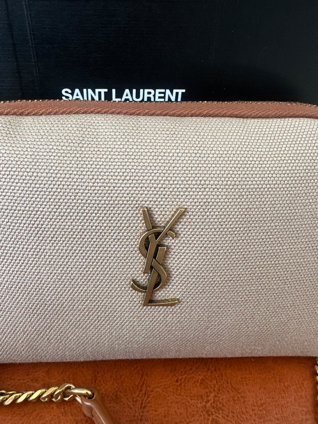 SAINT LAURENT Gaby Camera Bag – Canvas & Tan Leather – Gold Hardware – Brand New
