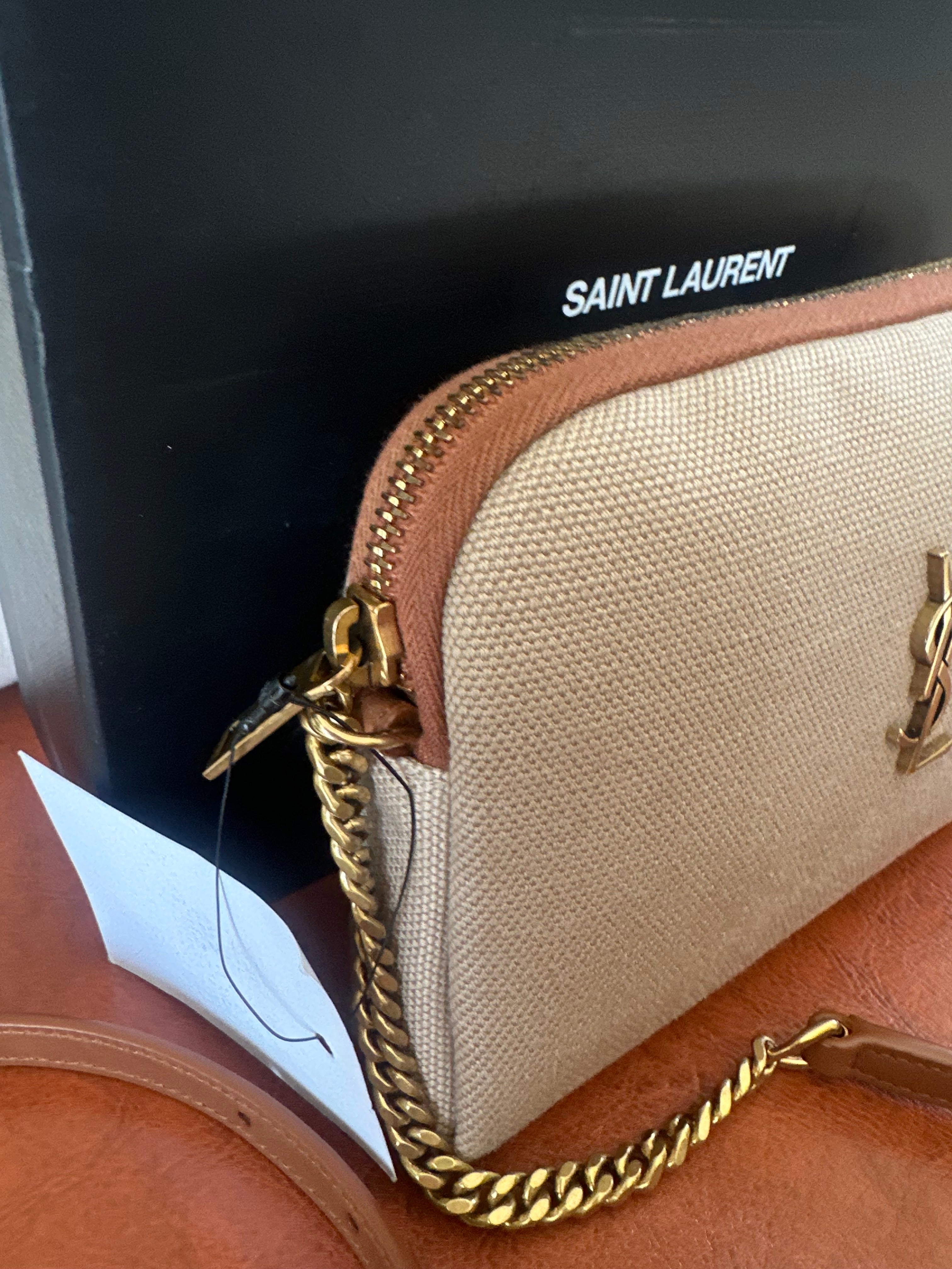 SAINT LAURENT Gaby Camera Bag – Canvas & Tan Leather – Gold Hardware – Brand New