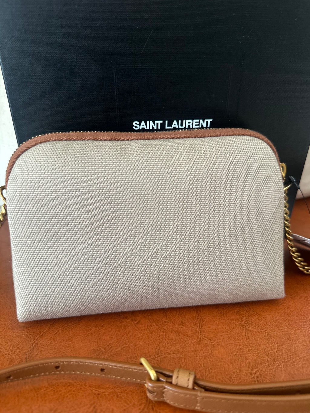 SAINT LAURENT Gaby Camera Bag – Canvas & Tan Leather – Gold Hardware – Brand New